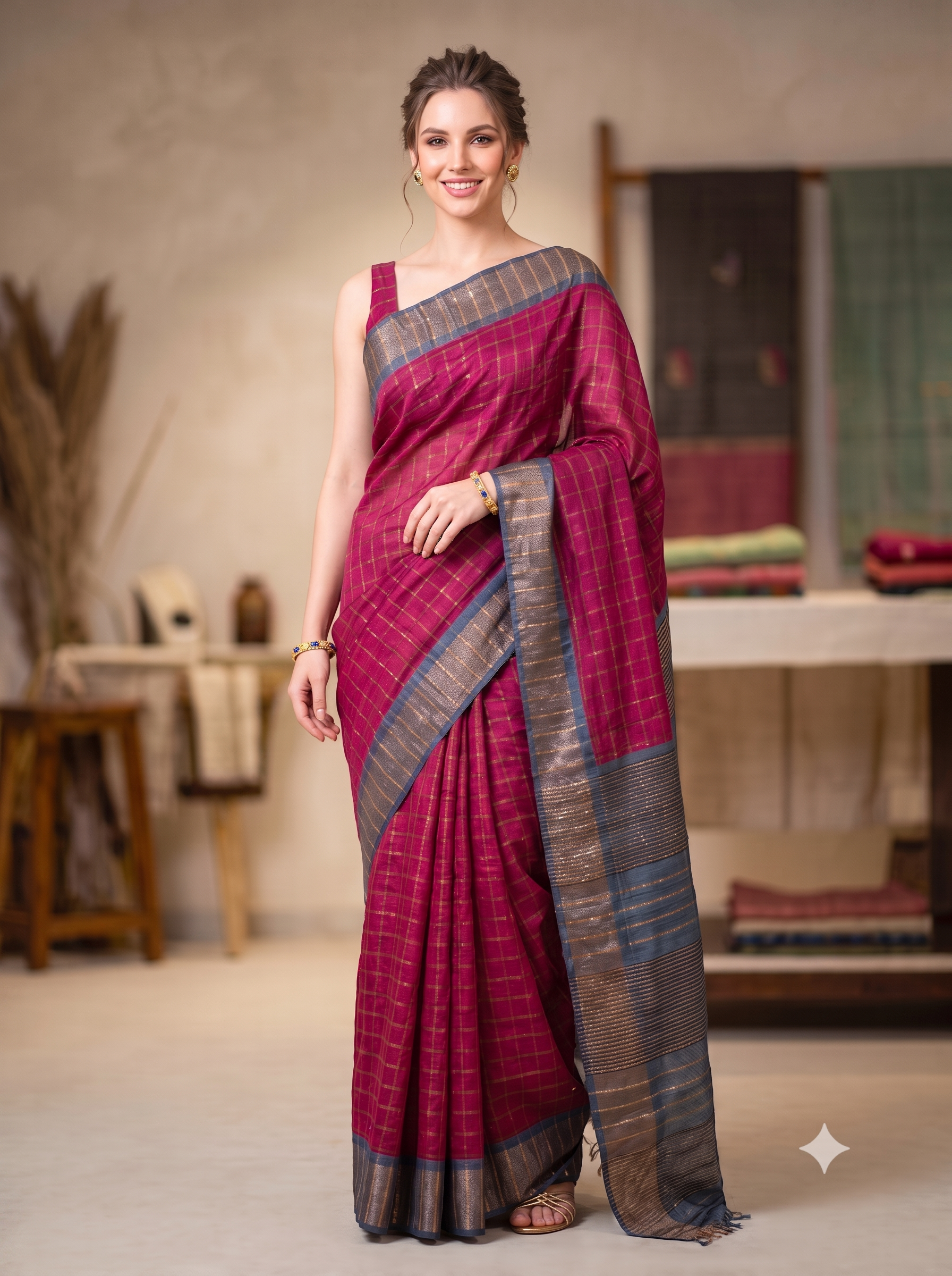 Mulberry Embroidered Tussar Silk Saree