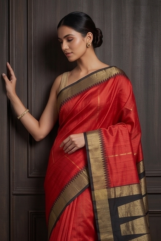 Vibrant Red Zari Handloom Tussar Silk Saree