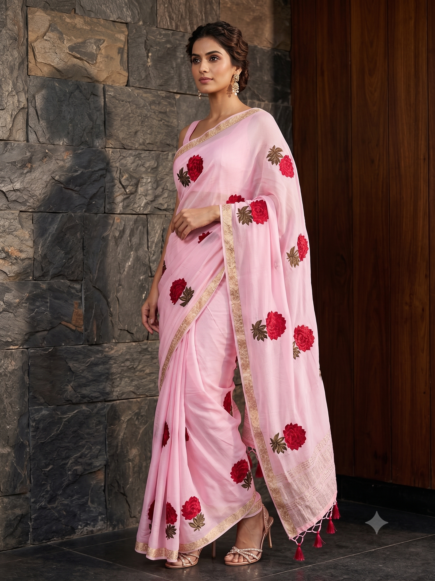 Rose Pink Embroidered Chinon Silk Saree