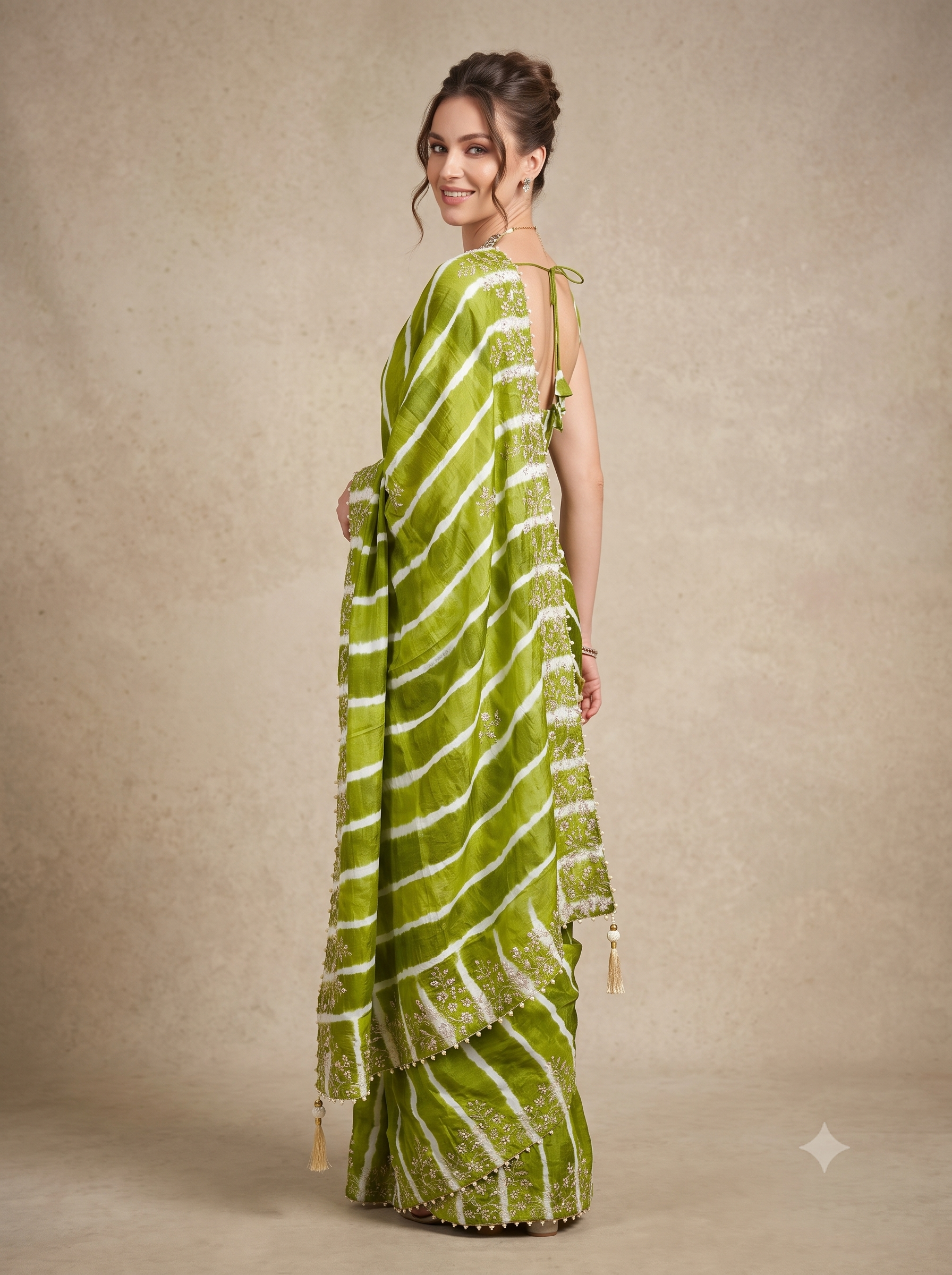 Green Embellished Crepe Silk Leheriya Saree