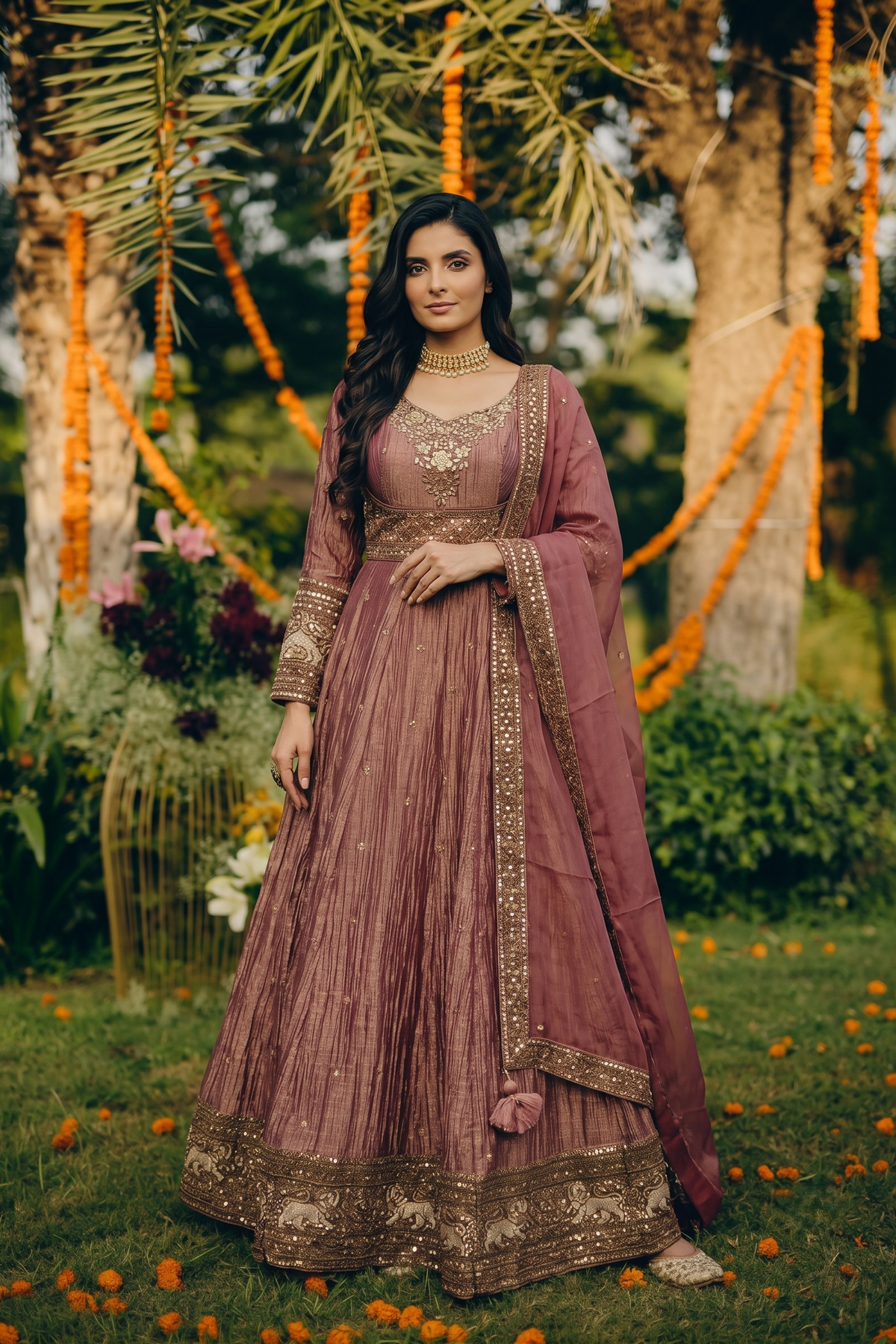 Dusty Rose Copper Embellished Tissue Silk Anarkali Set