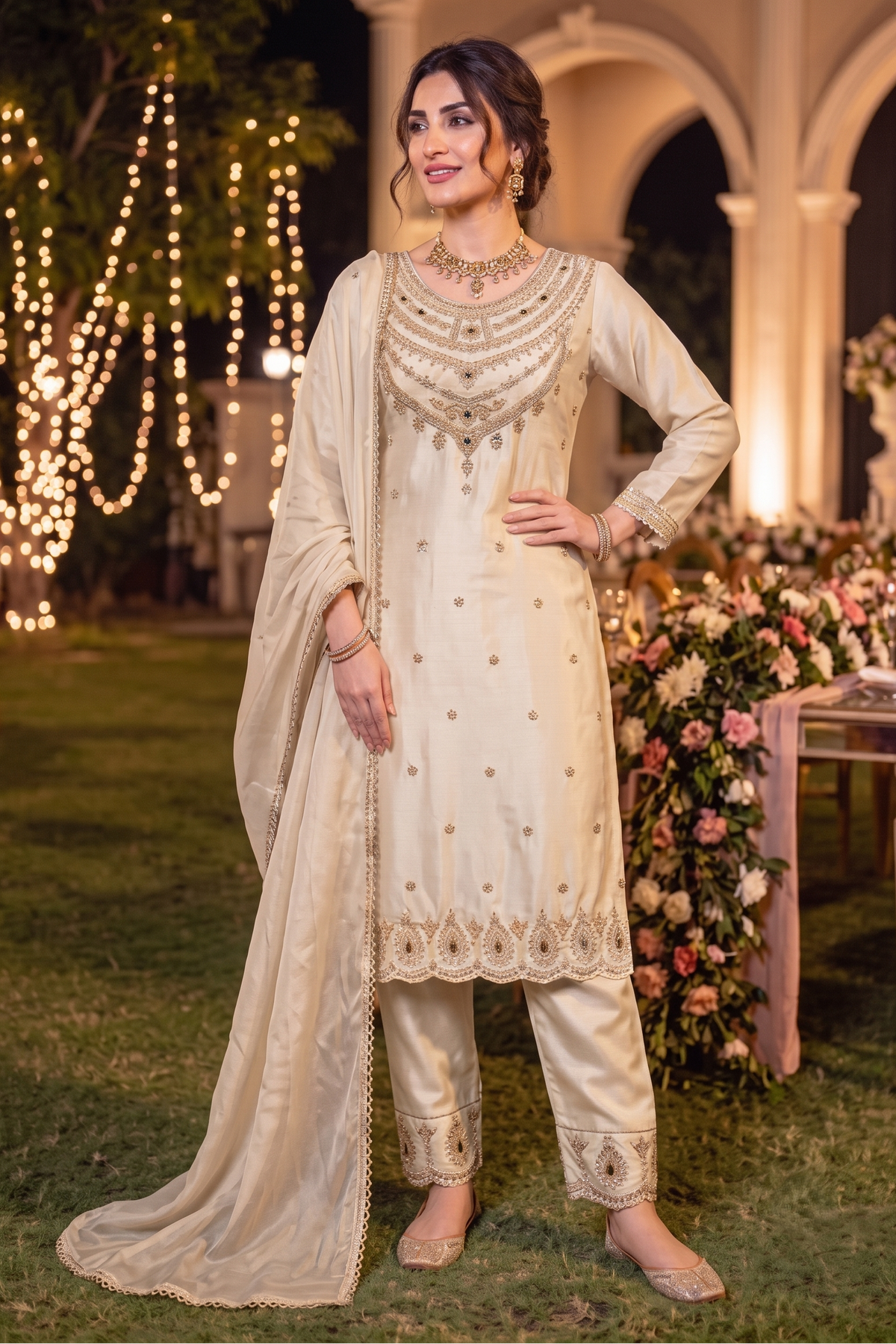Off Cream Pearl Embellished Crepe Silk Pant Set