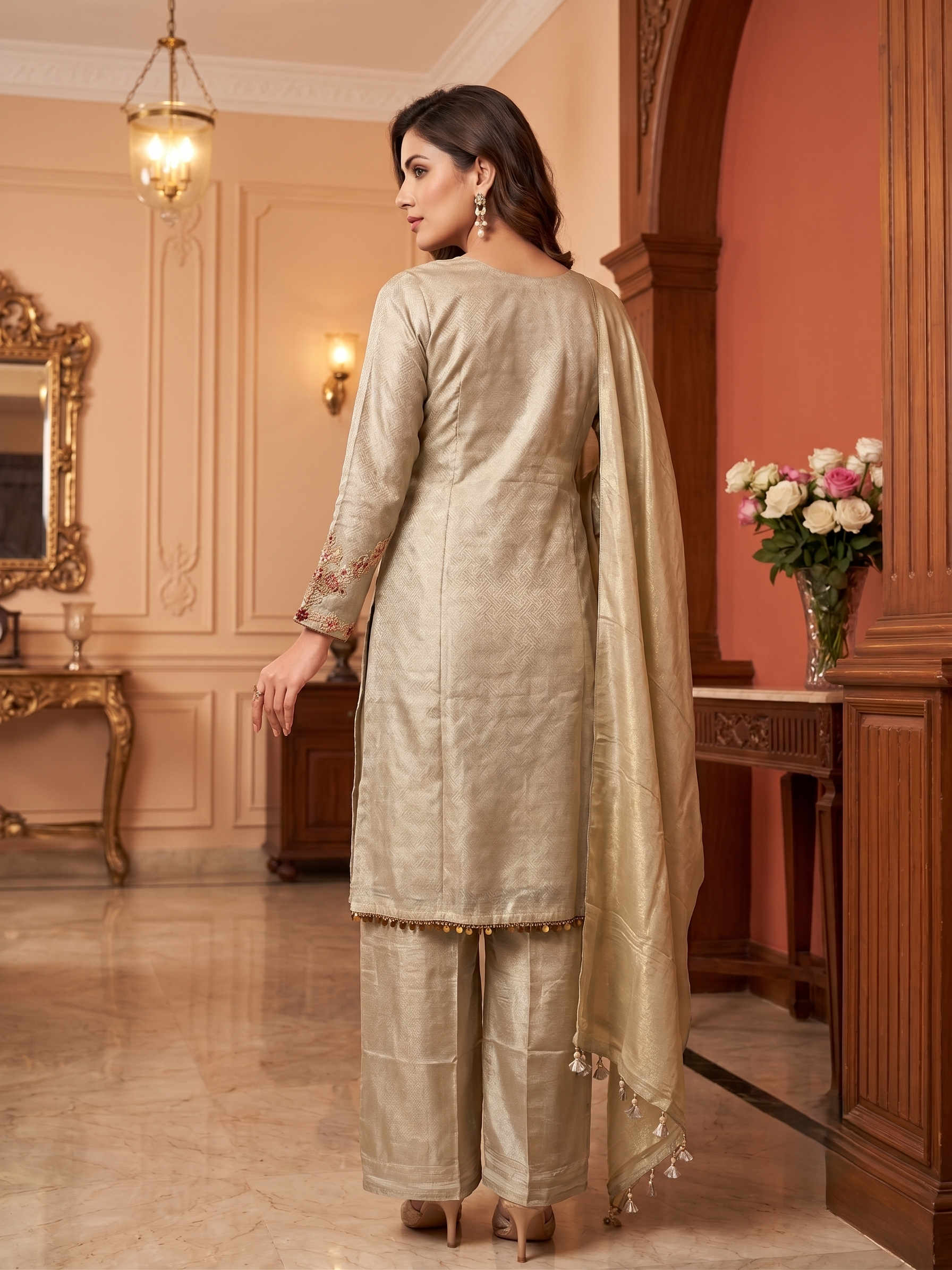 Greige Embellished Shimmer Tissue Silk Pant Set