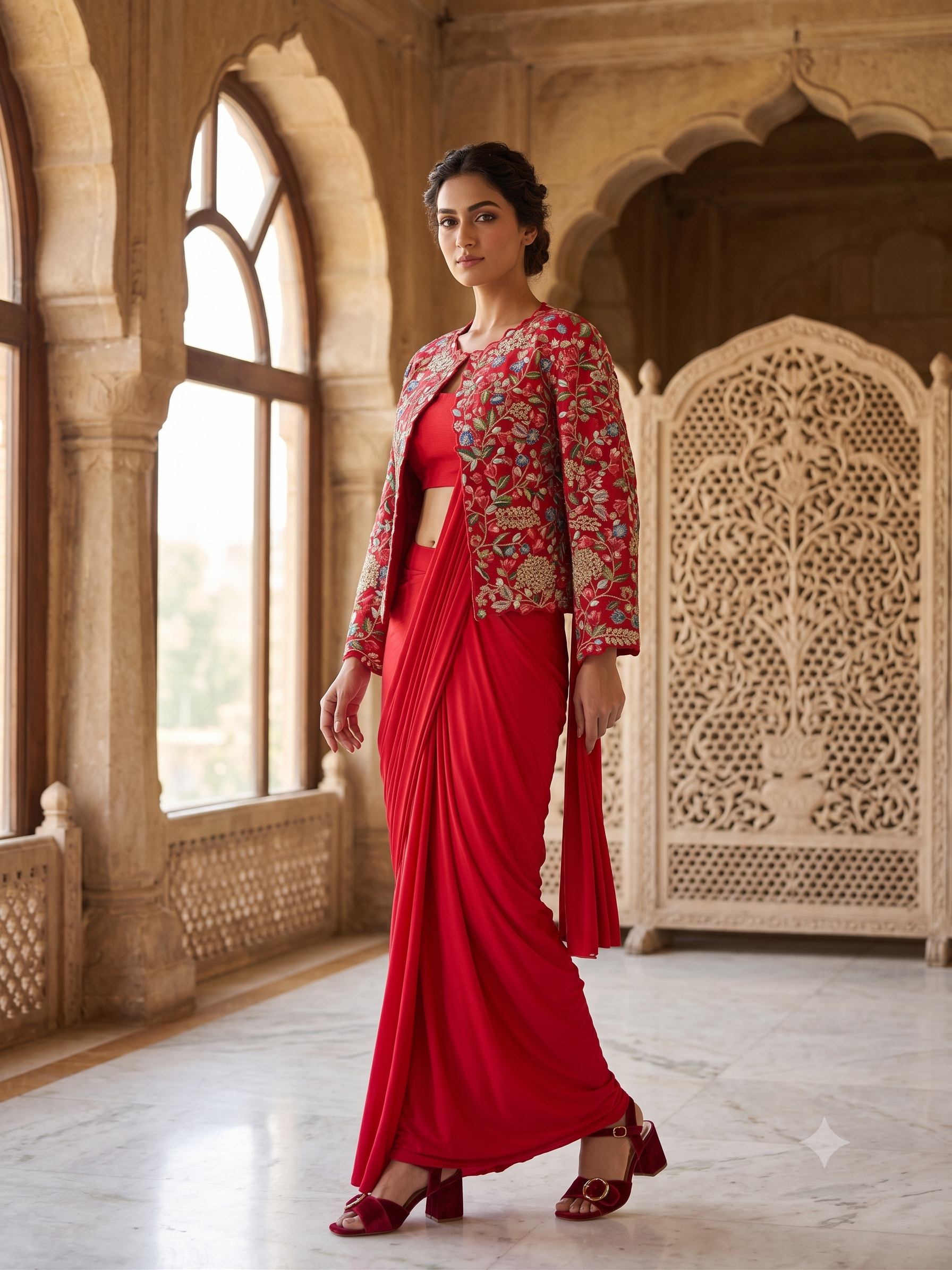Scarlet Red Embroidered Crepe Silk Saree