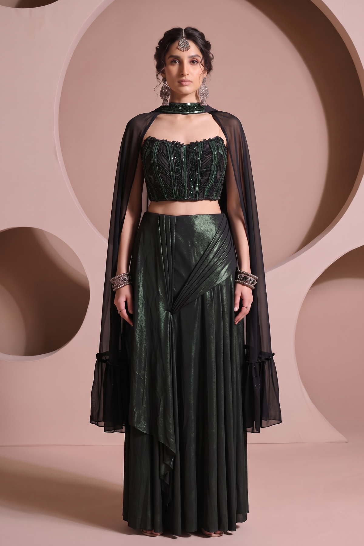 Emerald Green Embellished Spandex Skirt Set