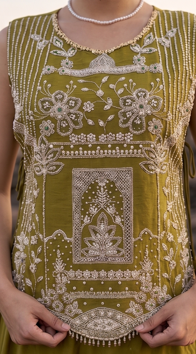 Olive Green Embellished Tissue Silk Skirt Set