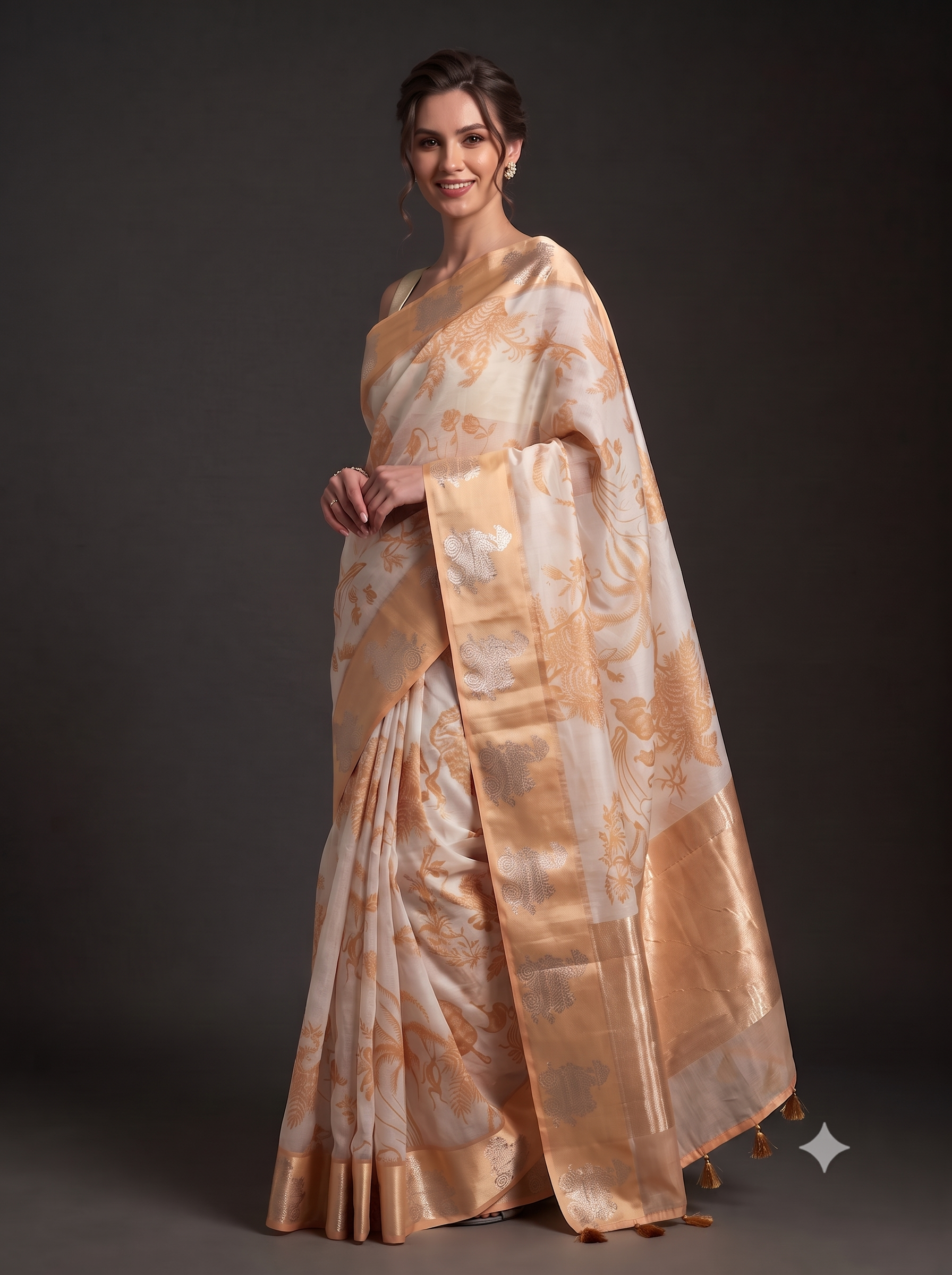 Muted Gold Printed Organza Silk Saree