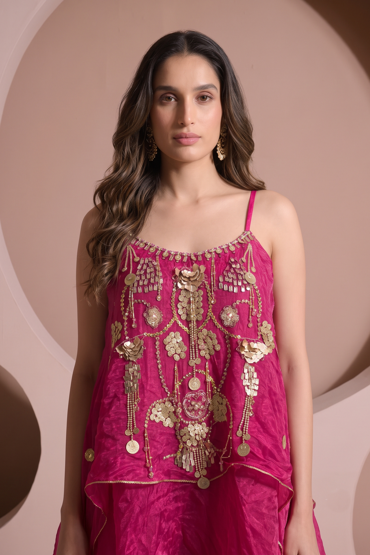 Hot Pink Embellished Crepe Silk Palazzo Set