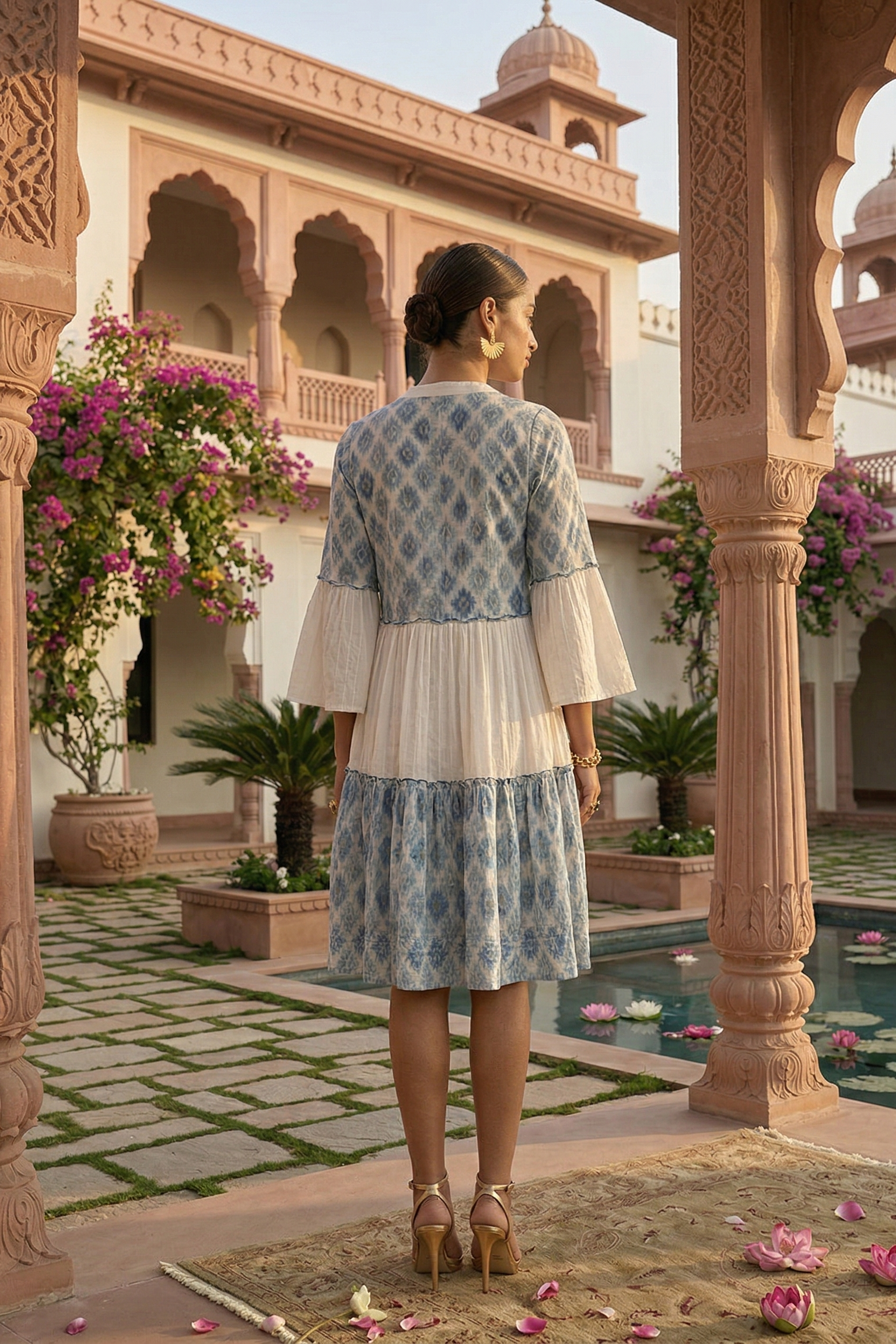 Dusty Blue & White Embroidered Cotton Dress