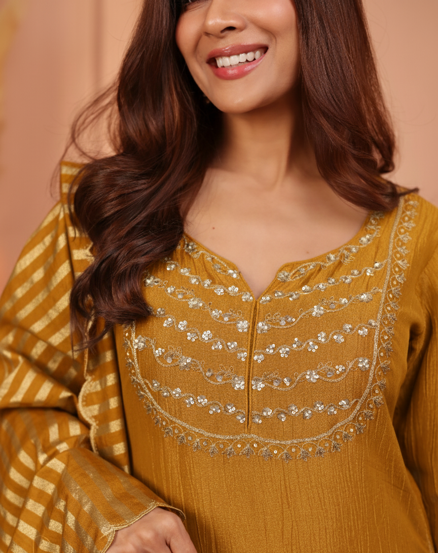 Golden Mustard Embroidered Crushed Tissue Silk Pant Set