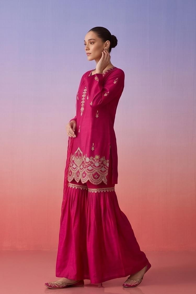 Rani Pink Embellished Crepe Silk Sharara Set