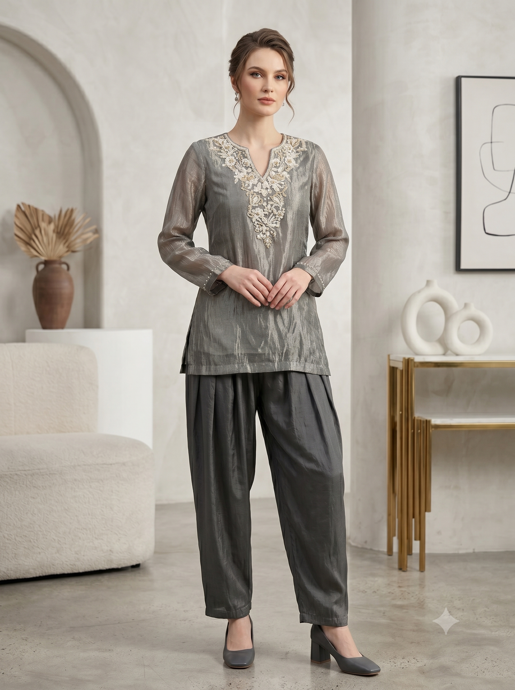 Metallic Silver Grey Shimmer Tissue Silk Co-Ord Set