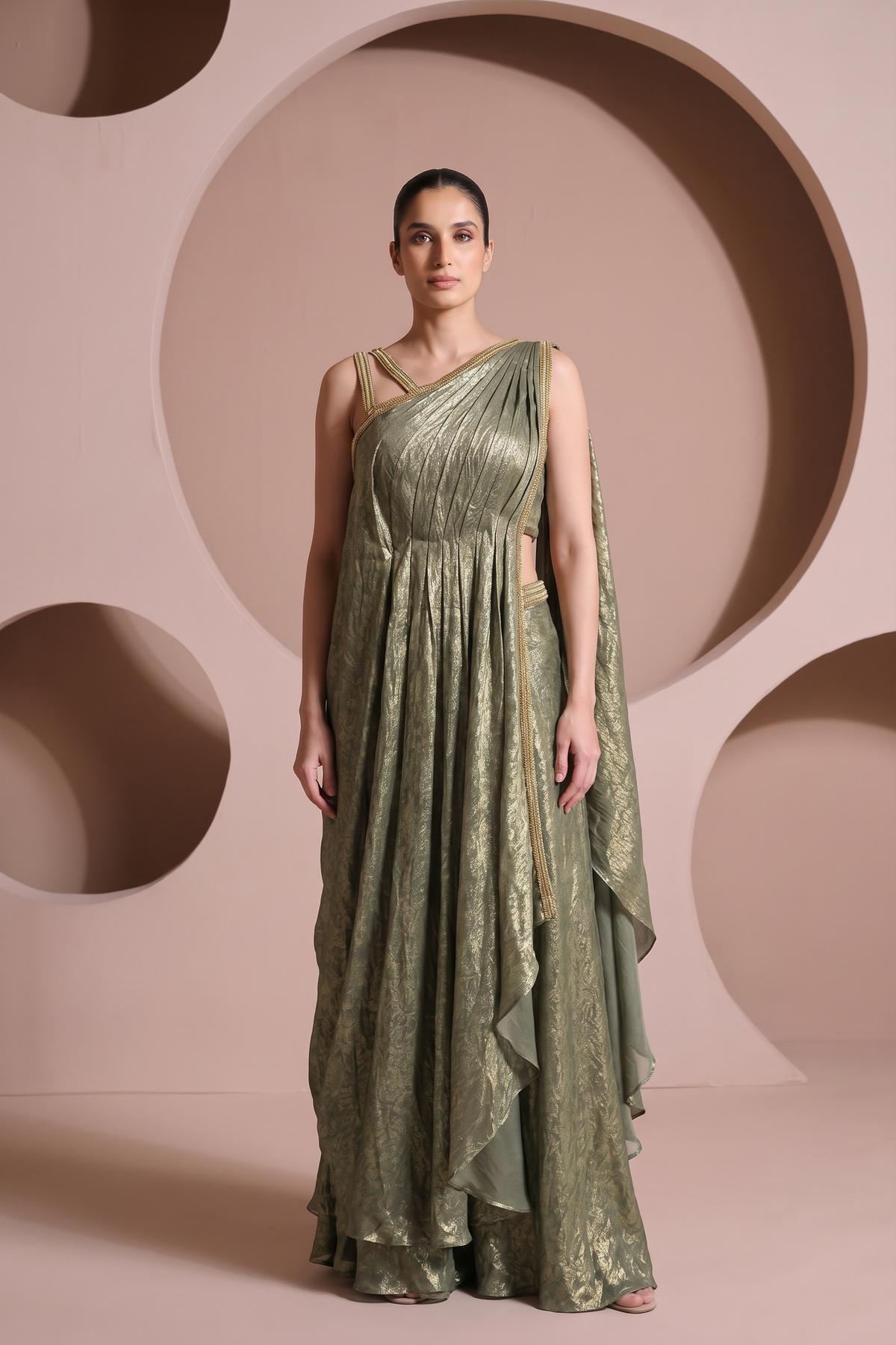 Sage Gold Embellished Jimmy Choo Silk Palazzo Set