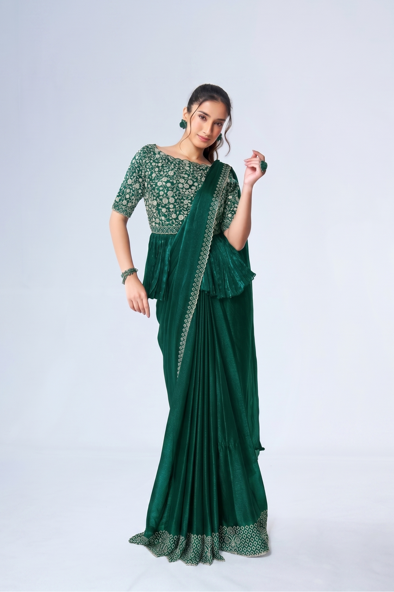 Forest Green Embellished Shimmer Chiffon Saree