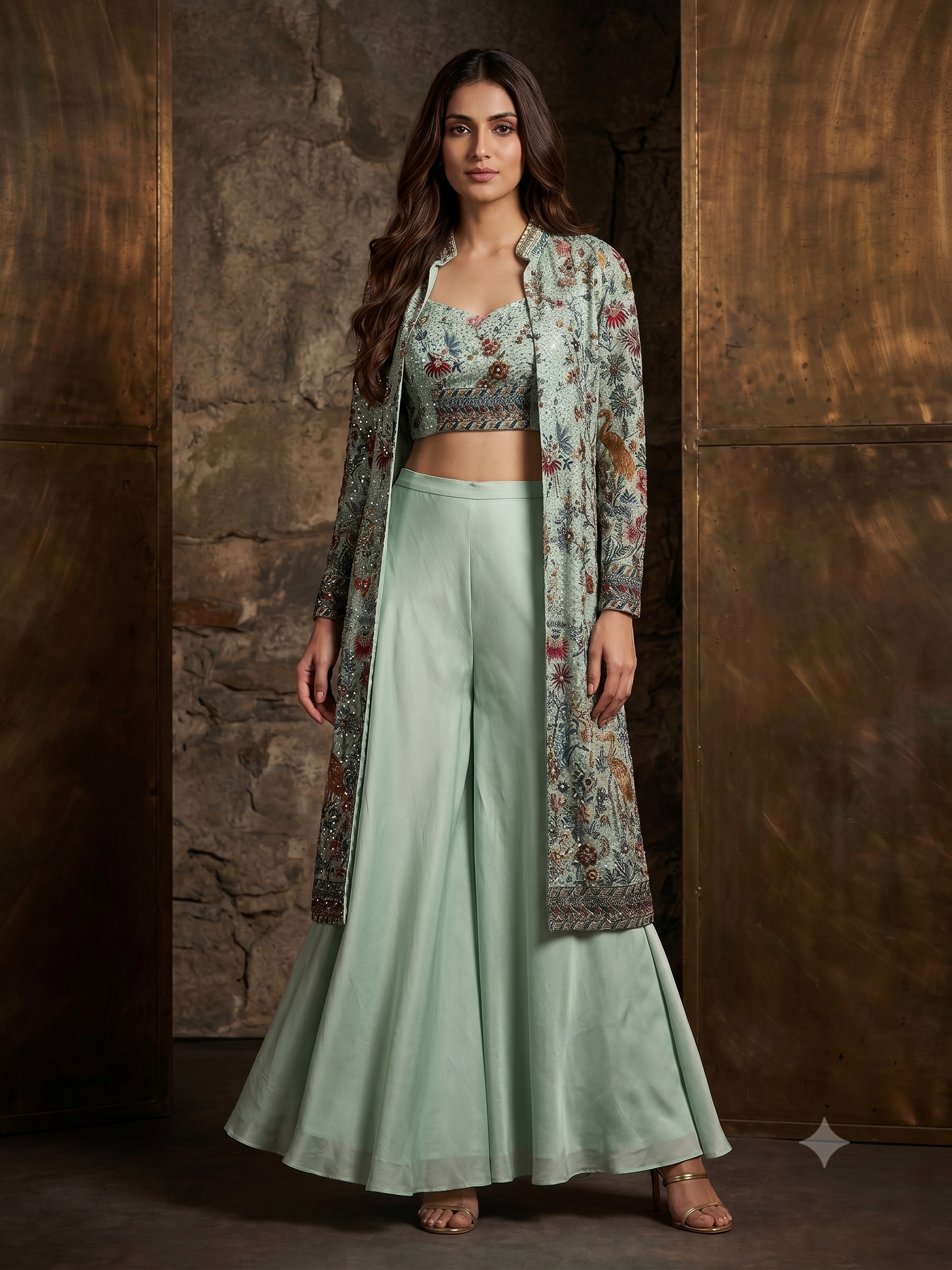 Powder Blue Embellished Georgette Silk Palazzo Set