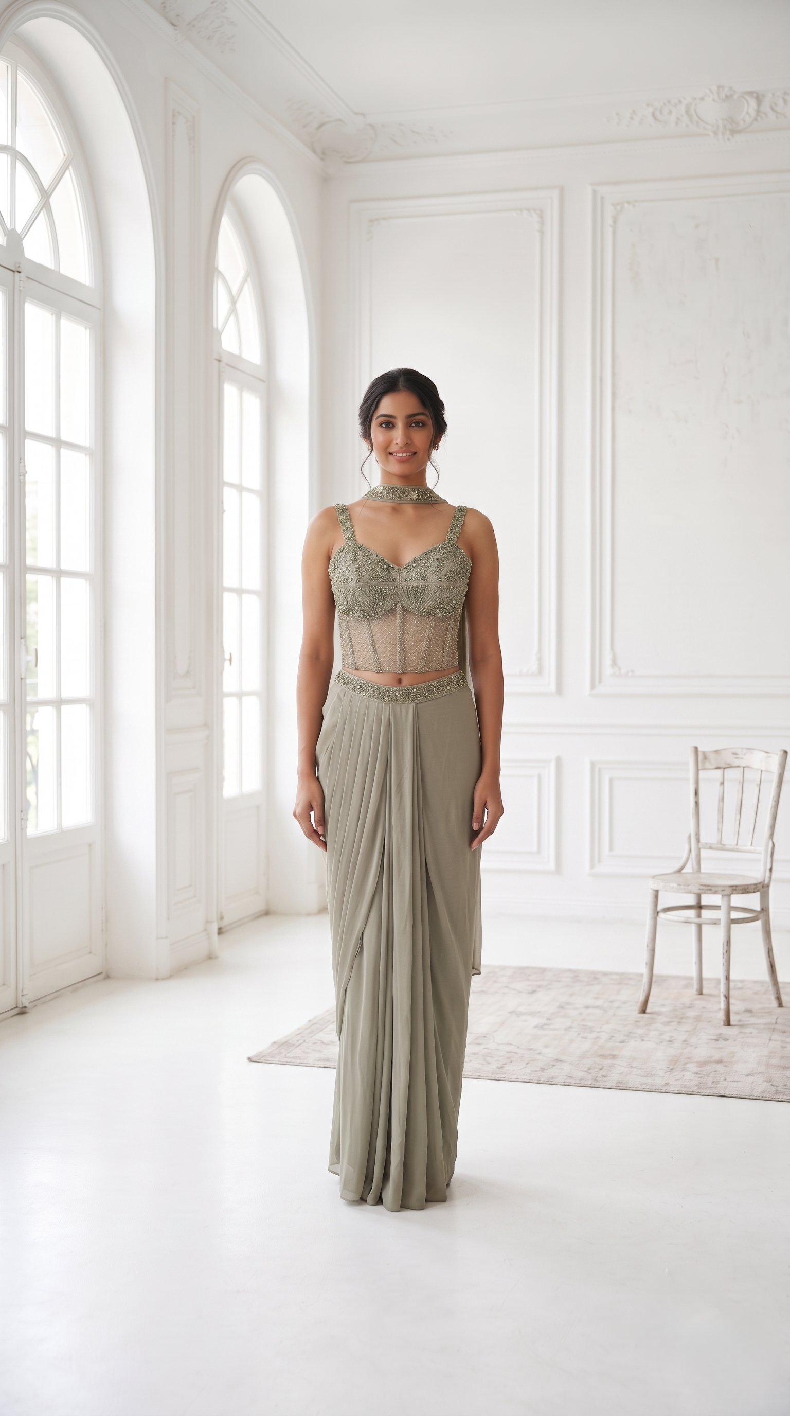 Muted Olive Embellished Crepe Silk Skirt Set