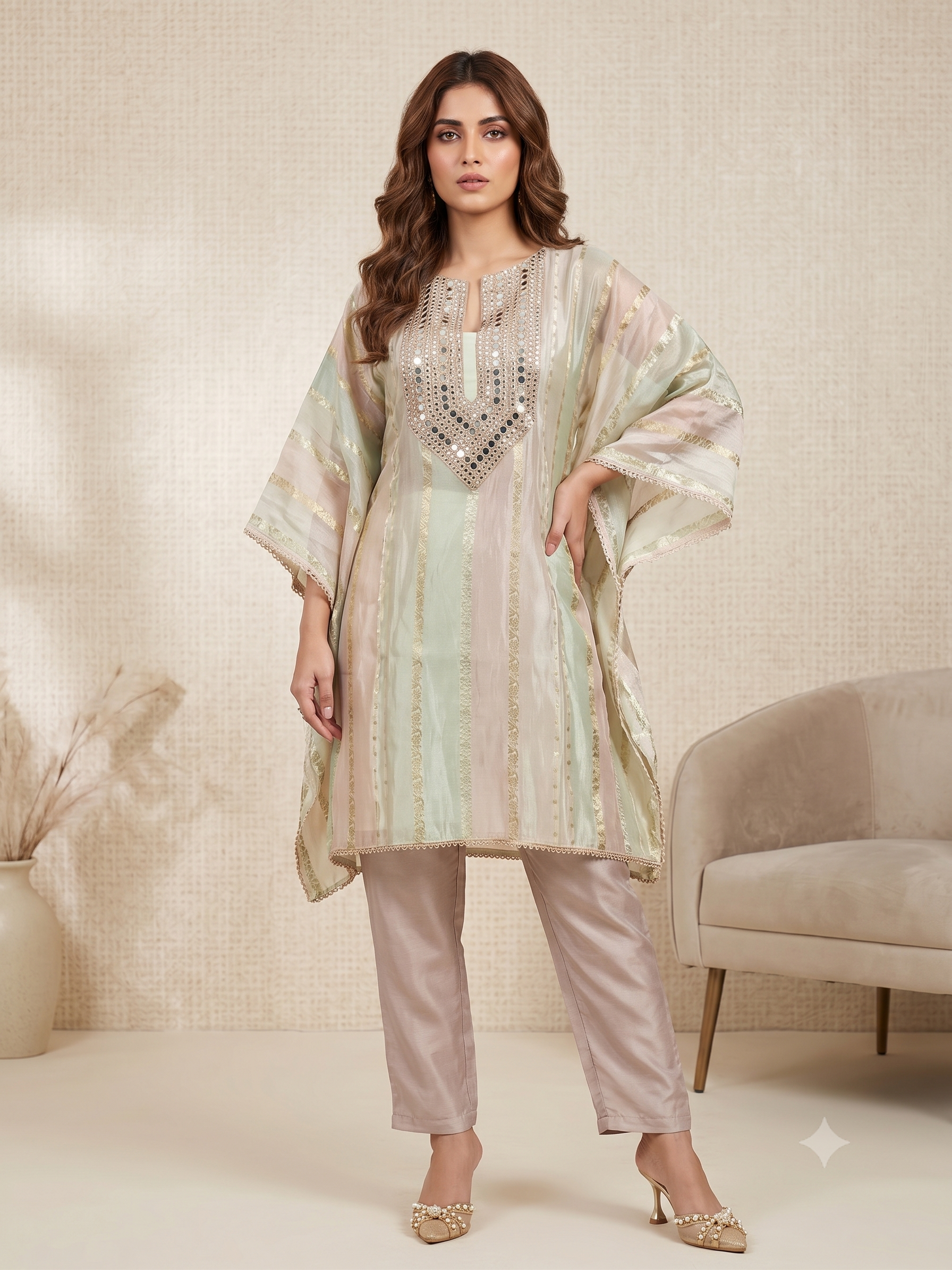 Pastel Multi-Color Embellished Tissue Silk Kaftan Set