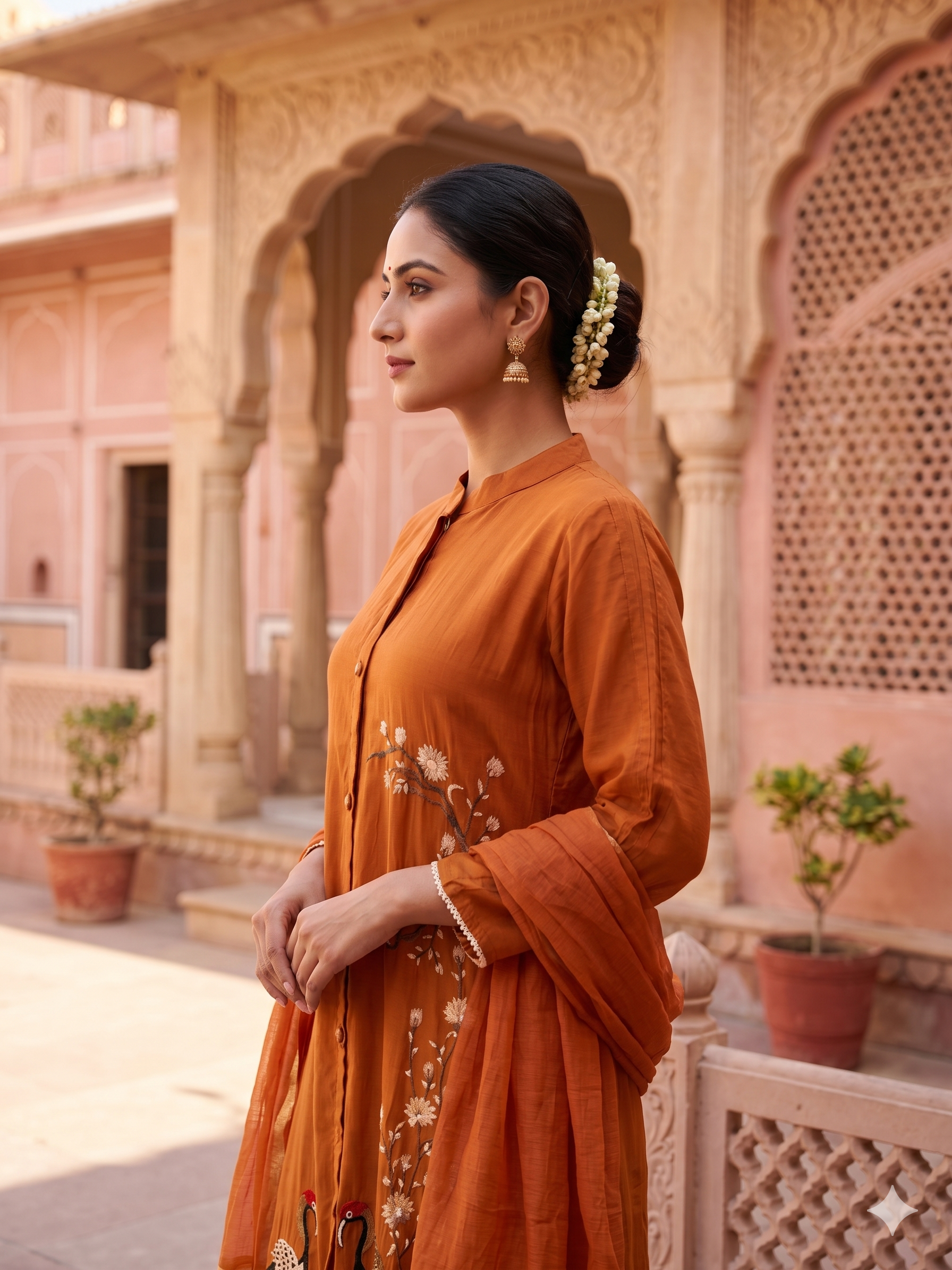 Rust Fauna Embroidered Mul-Chanderi Pant Set