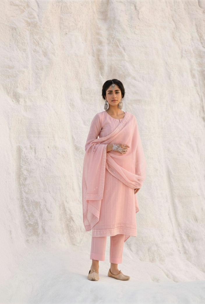 Blush Pink Chikankari Mul-Chanderi Silk Pant Set