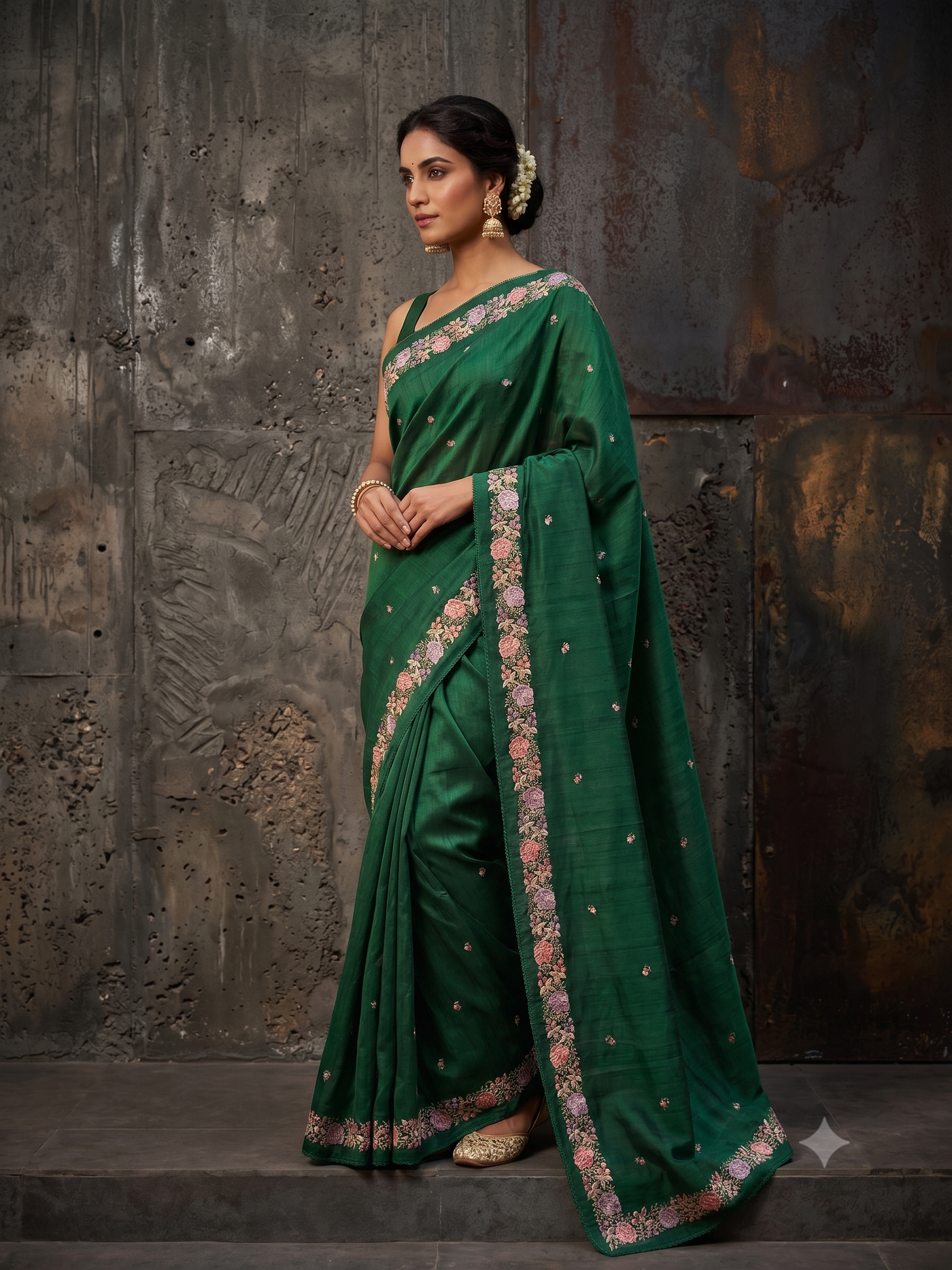 Emerald Green Embroidered Tussar Silk Saree