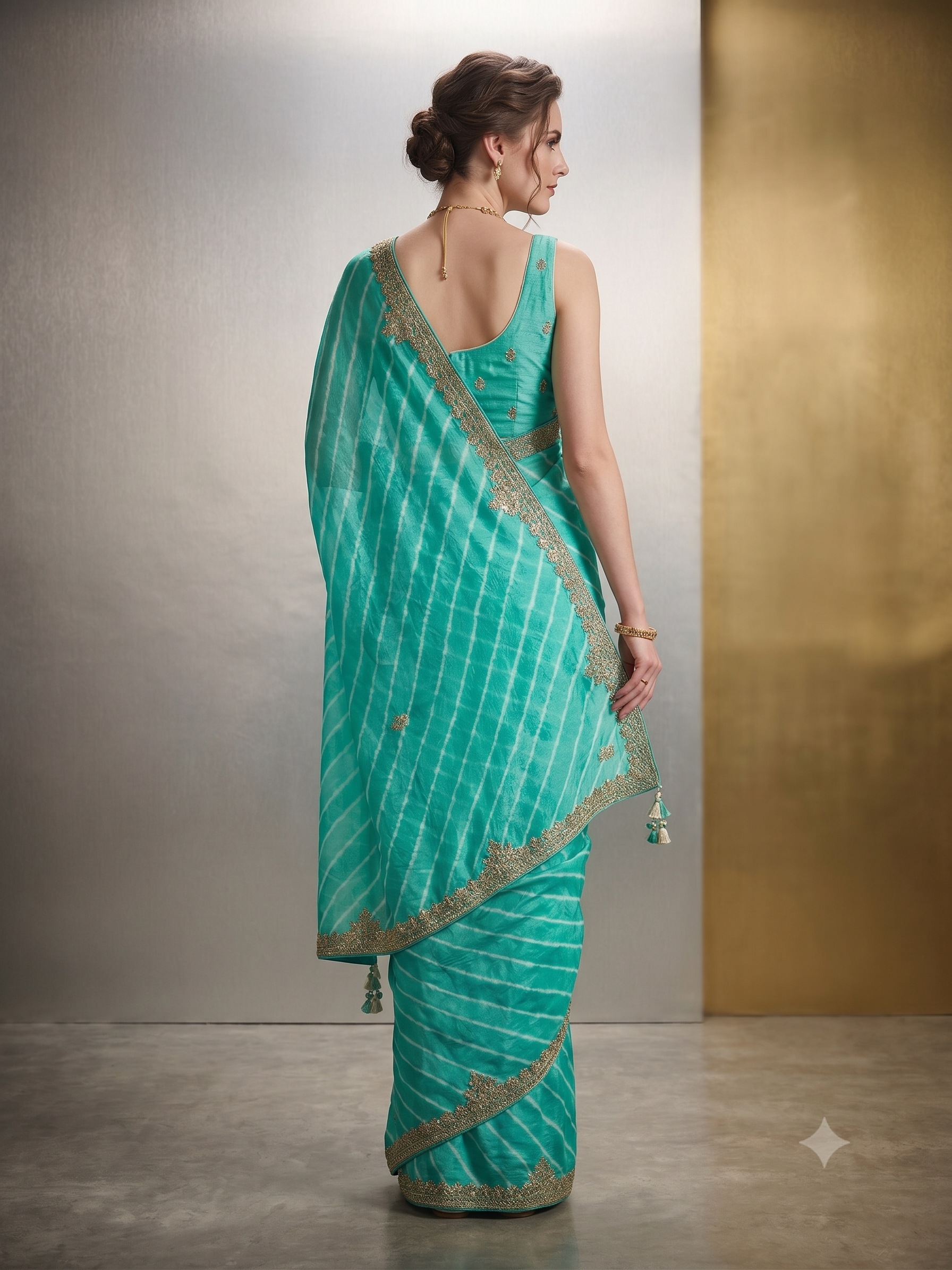 Teal Green Embellished Tussar Silk Leheriya Saree
