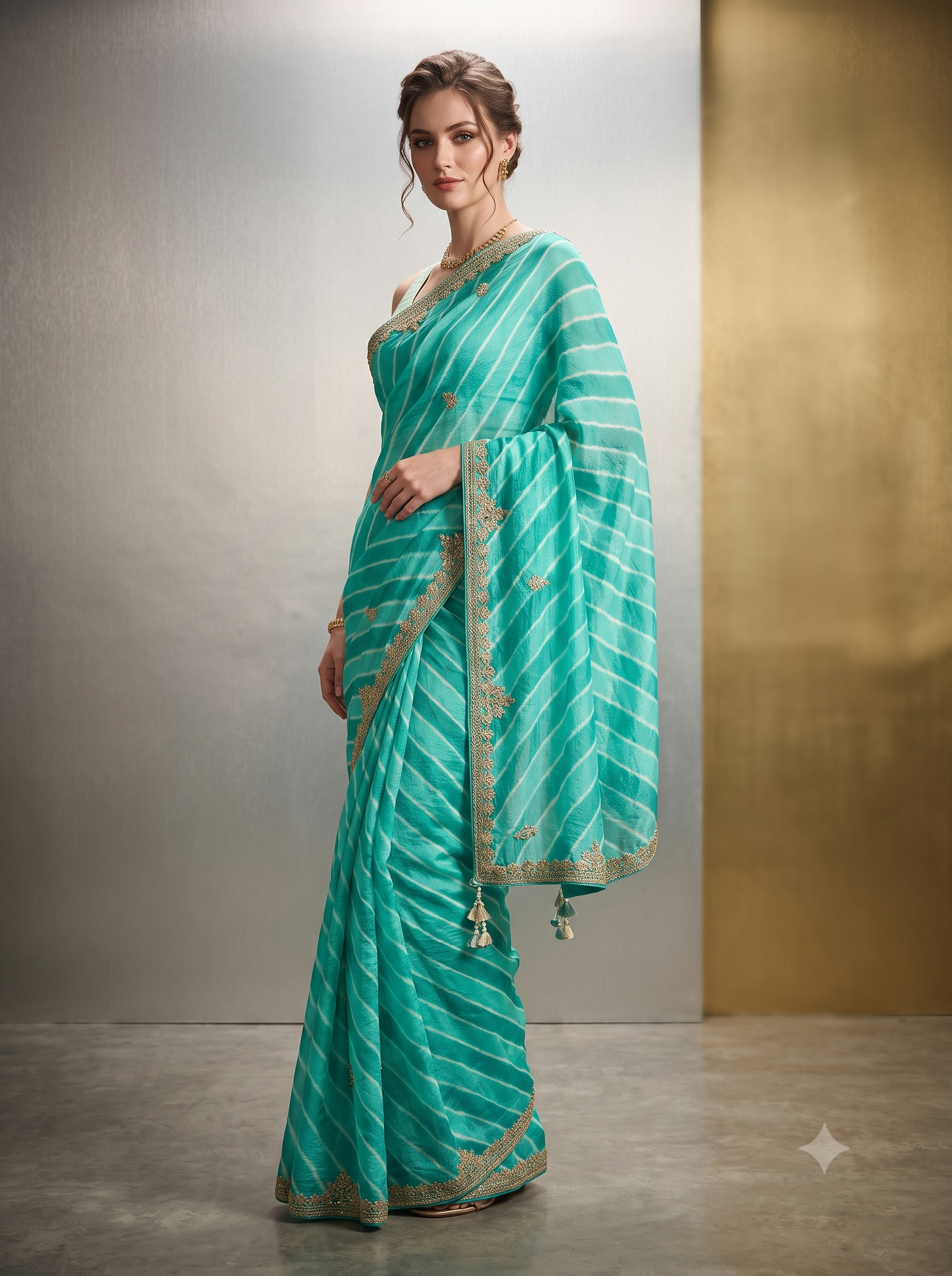 Teal Green Embellished Tussar Silk Leheriya Saree