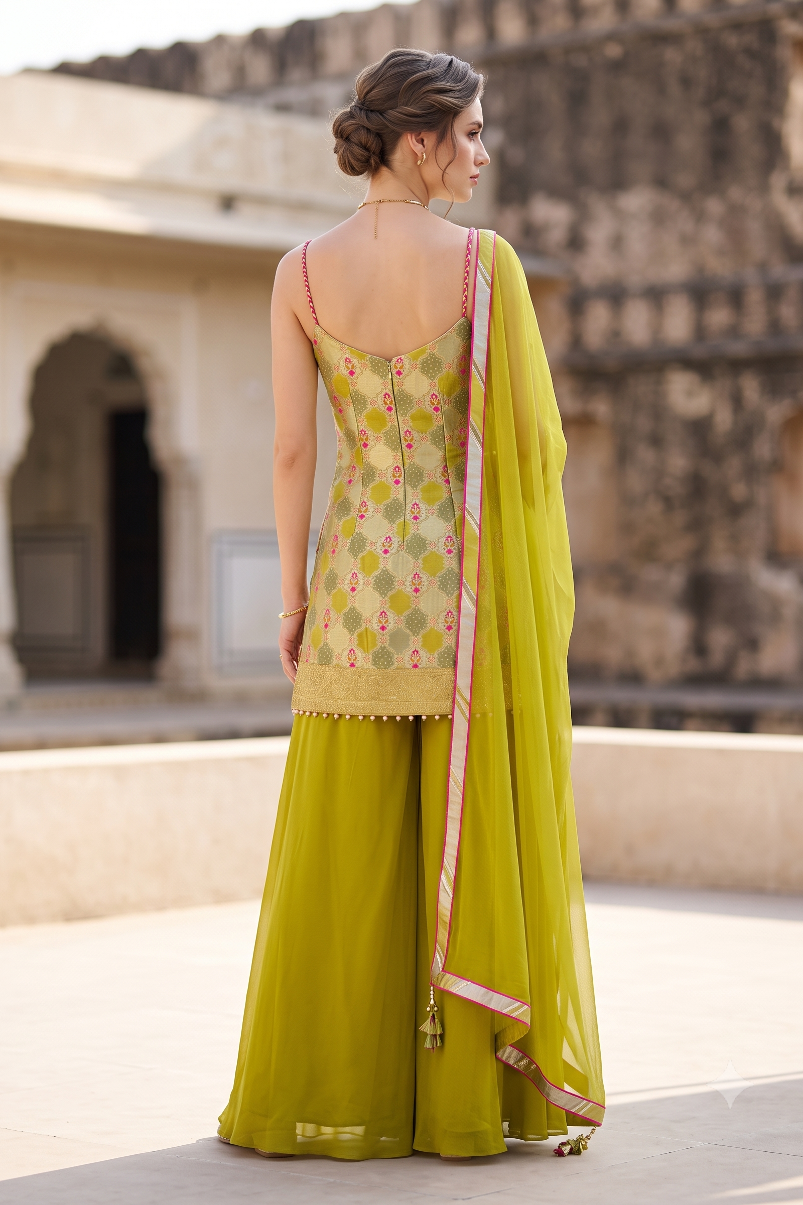 Parrot Green Brocade Satin Silk Palazzo Set