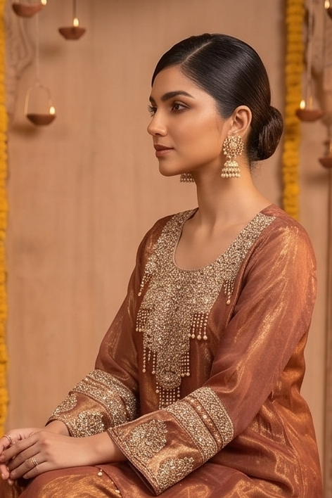 Rose Gold Embellished Jimmy Choo Silk Salwar Set