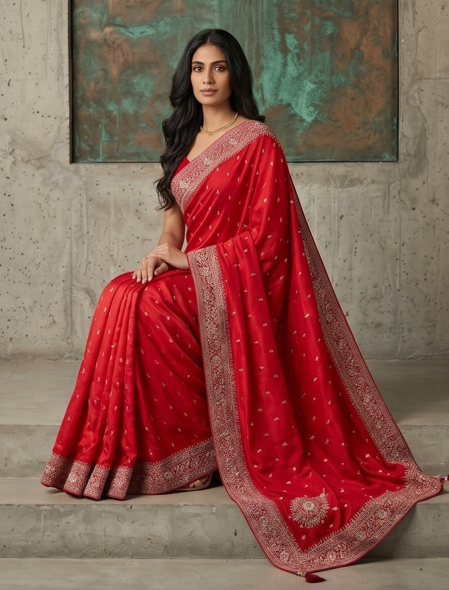 Bright Red Embellished Pure Crepe Silk Saree