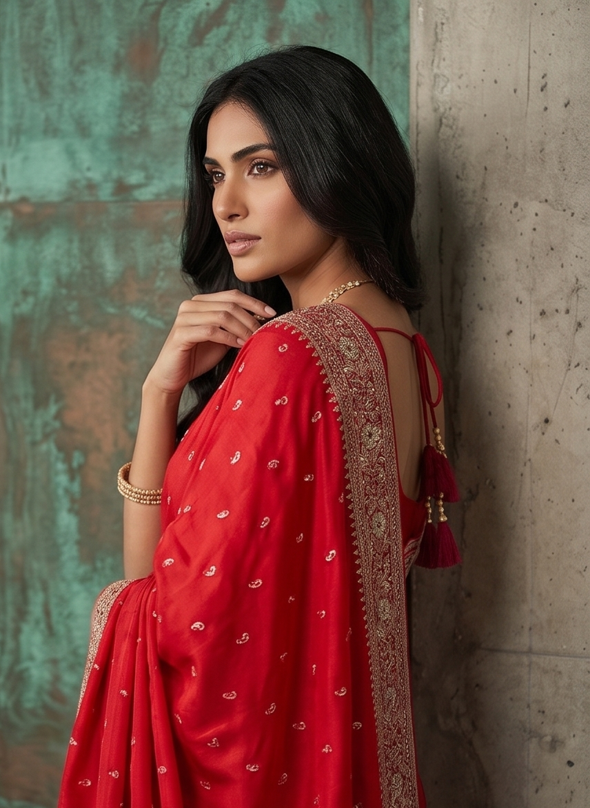 Bright Red Embellished Pure Crepe Silk Saree
