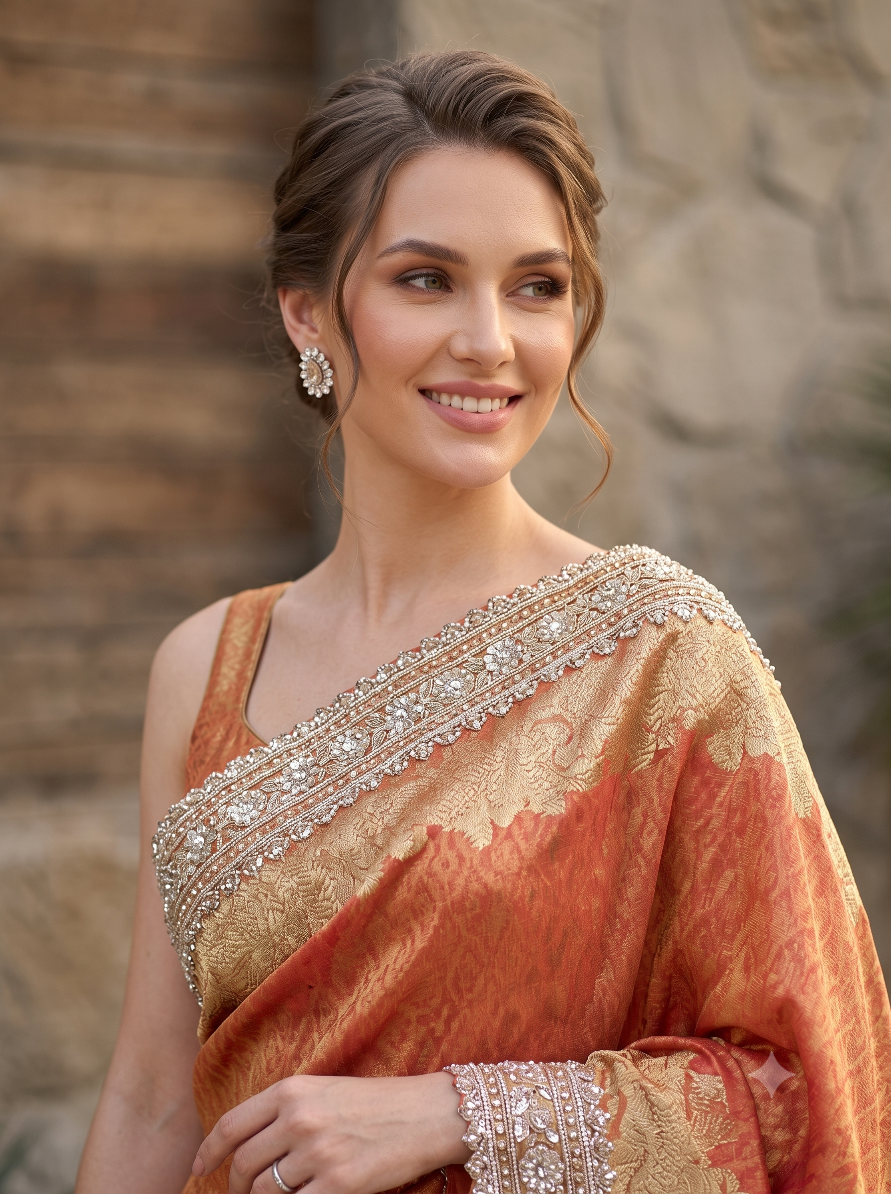 Rust Peach Embellished Shimmer Tissue Silk Saree