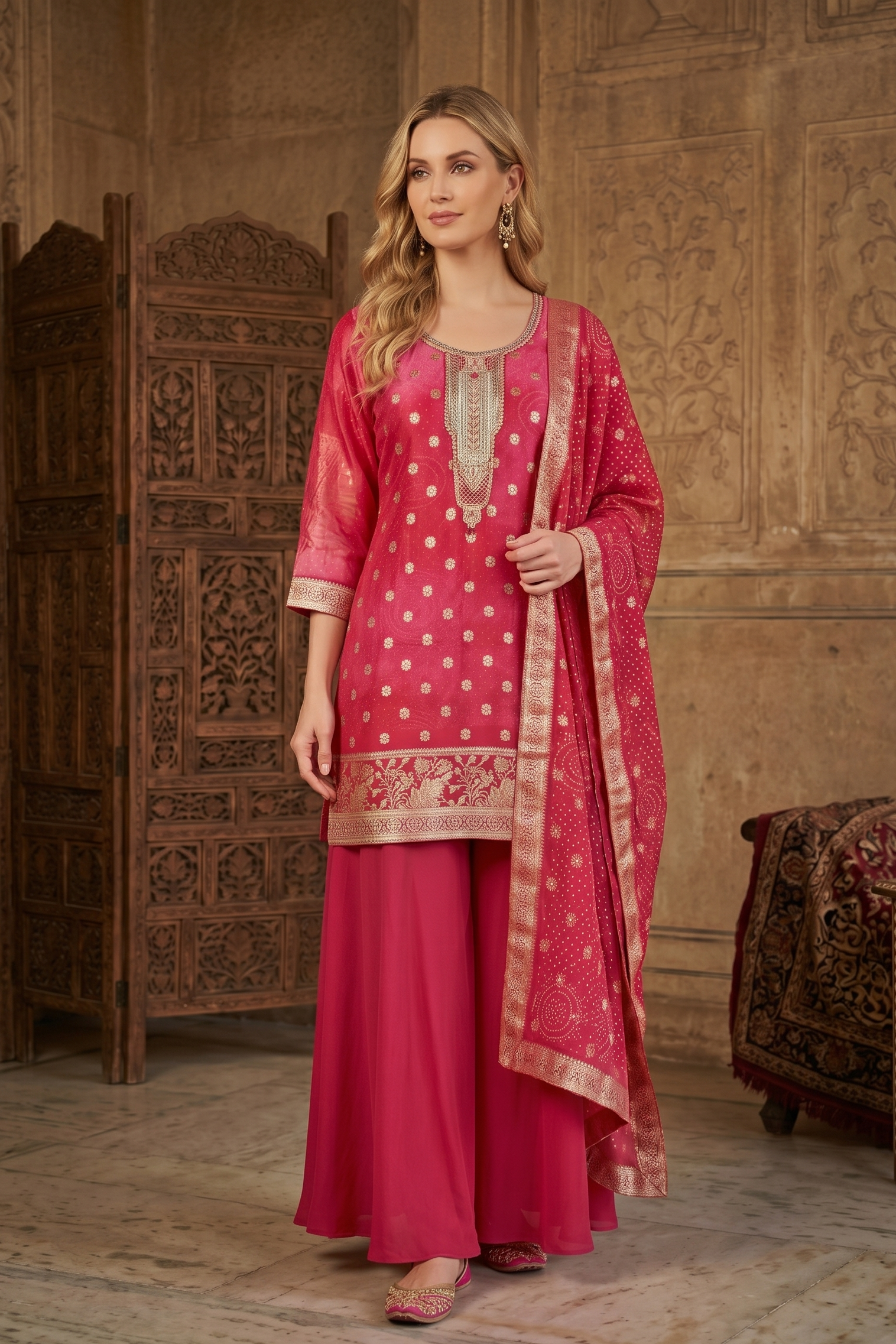 Magenta Pink Organza Silk Palazzo Set