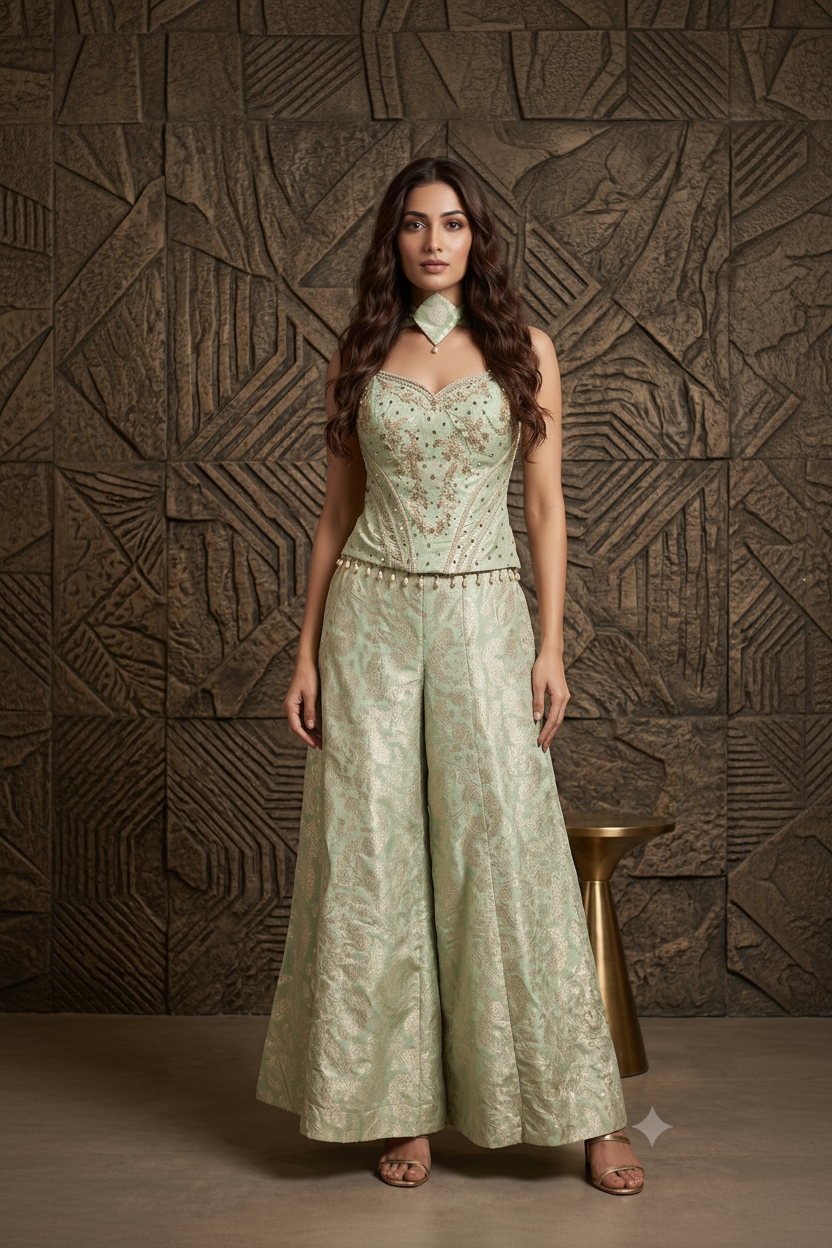 Pista Embellished Banarasi Silk Palazzo Set