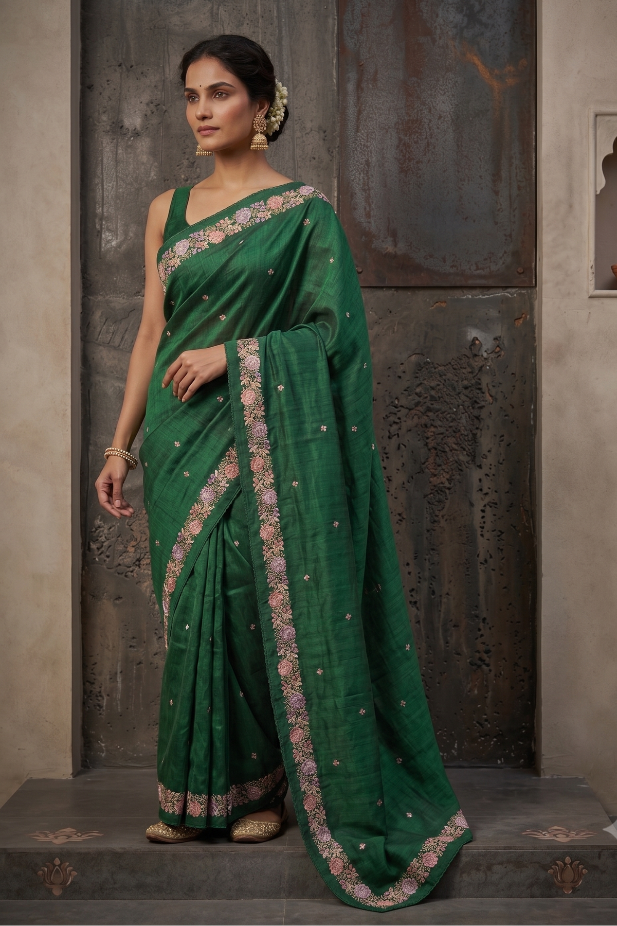 Emerald Green Embroidered Tussar Silk Saree