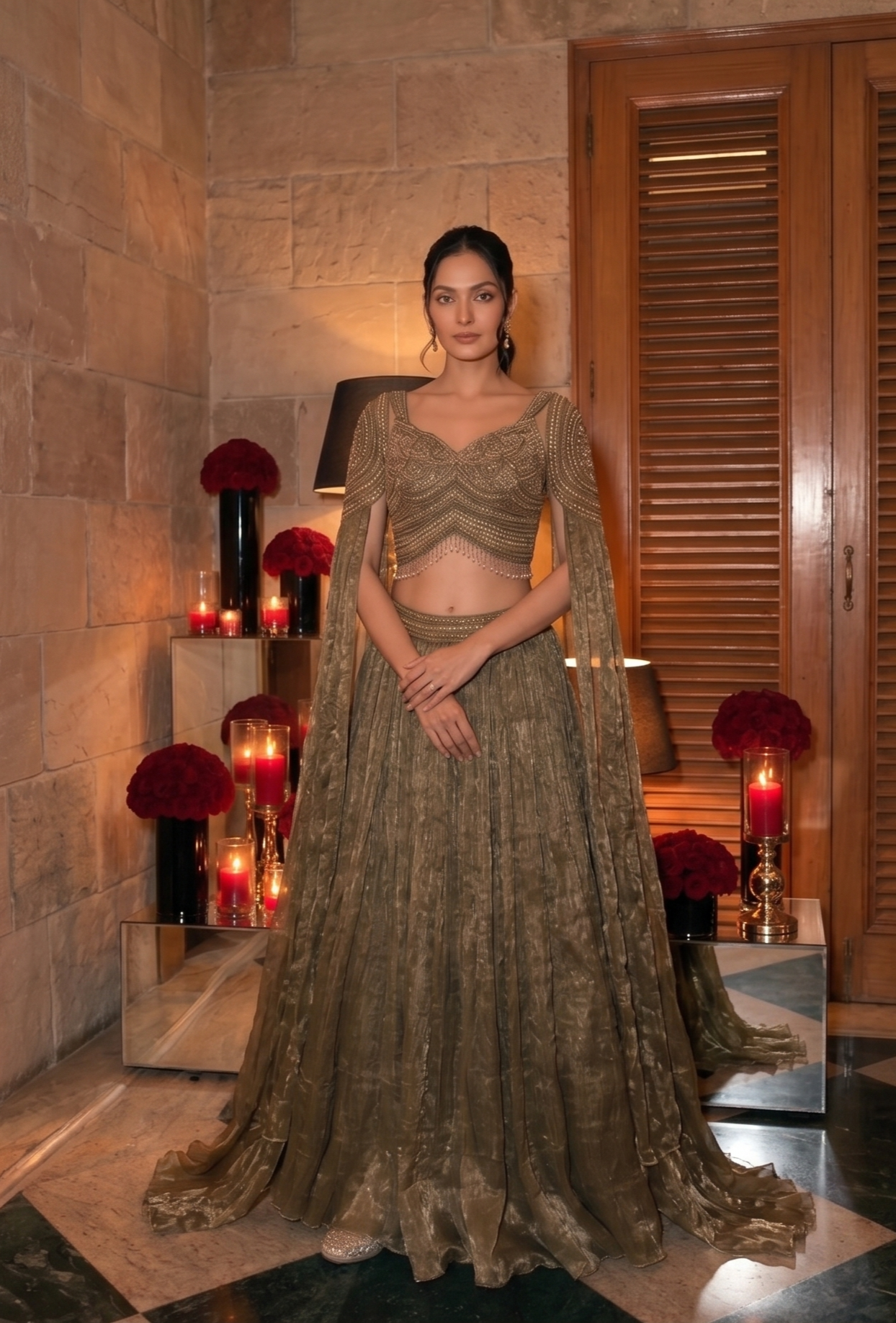 Metallic Olive Shimmer Tissue Silk Lehenga Set