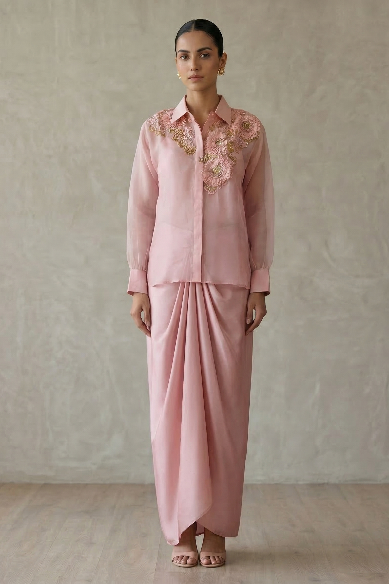 Blush Pink Embellished Organza Silk Jacket Skirt Set