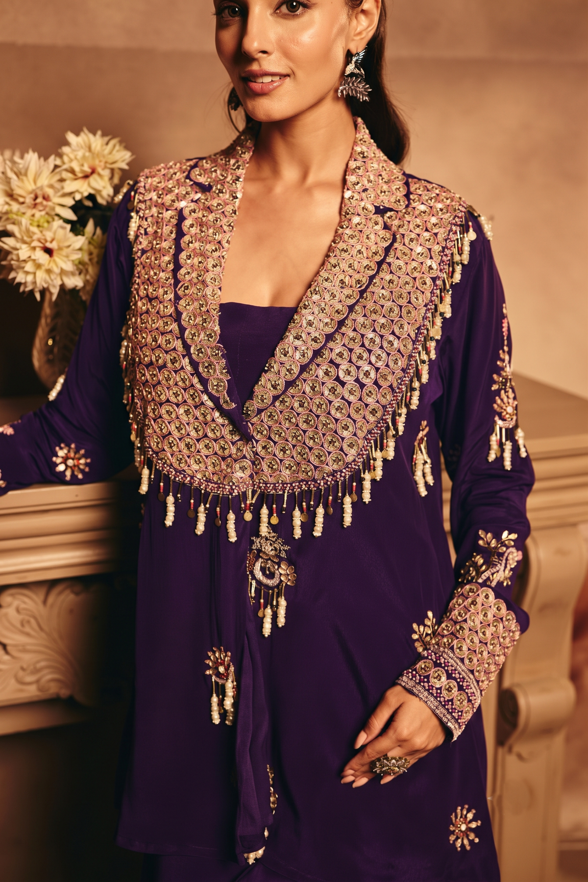 Royal Purple Embellished Crepe Silk Skirt Set
