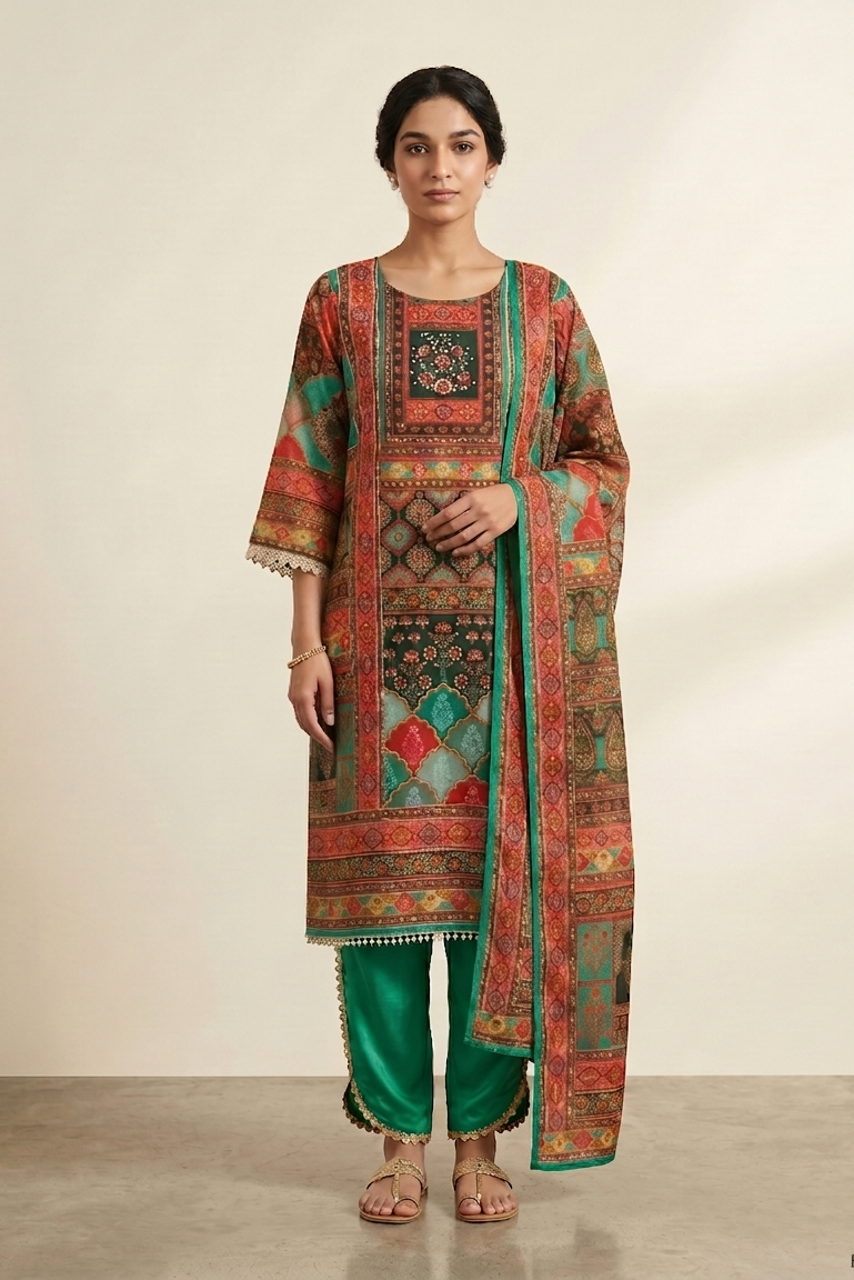 Green Embellished Organza Silk Dhoti Kurta Set