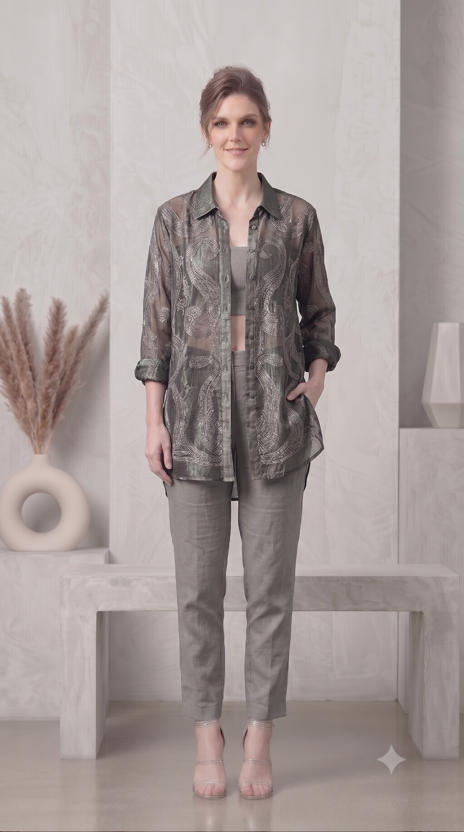 Sterling Grey Embroidered Organza Silk Co-Ord Set