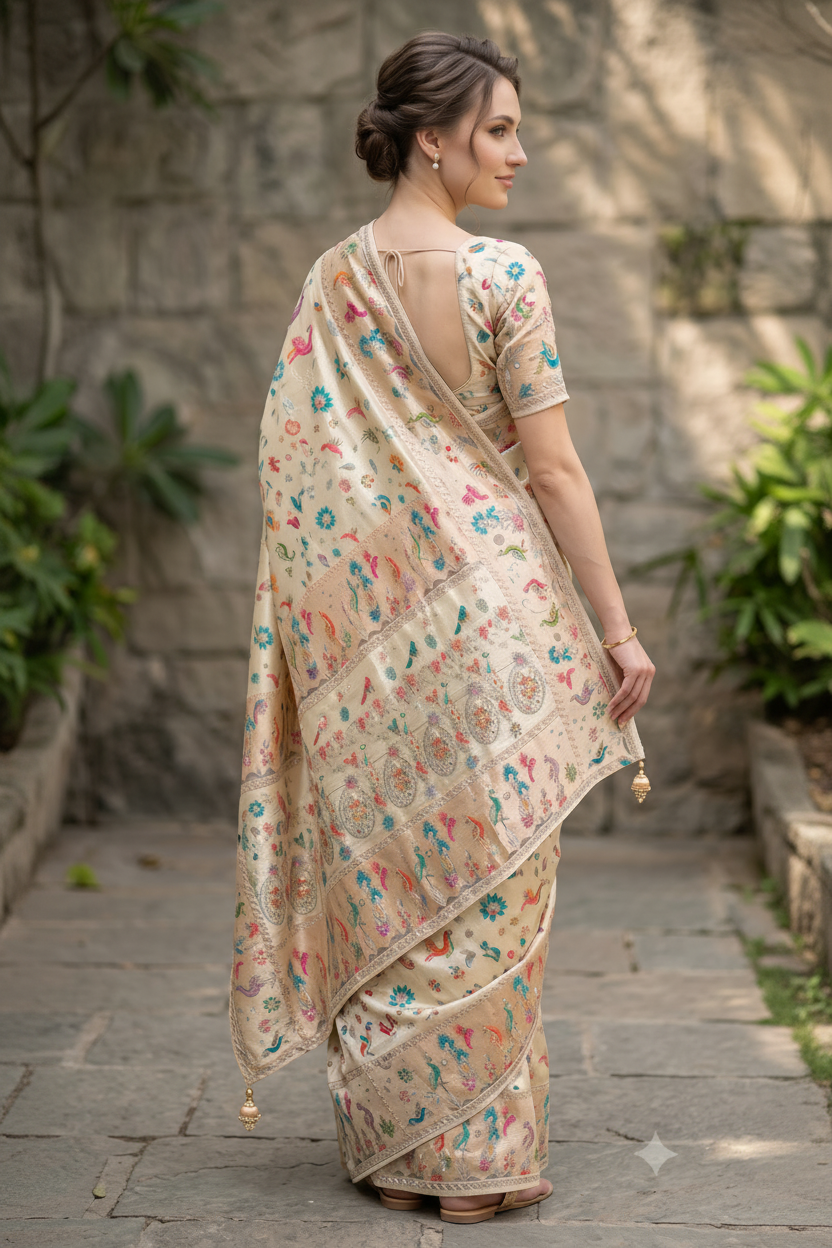 Royal Avian & Floral Embellished Pure Tissue Silk Saree