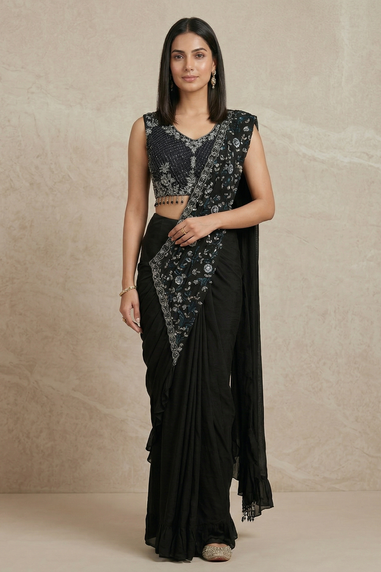 Jet Black Embellished Crepe Silk Drape Saree