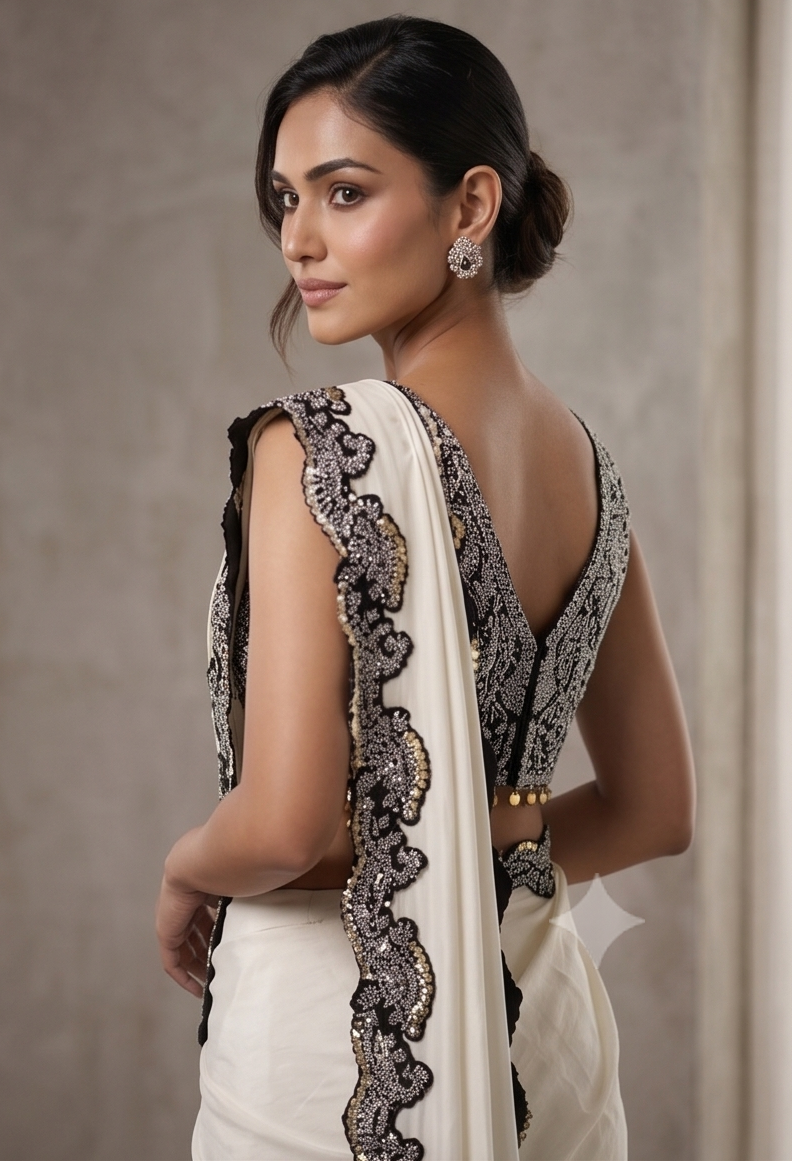 Ivory Noir Embellished Crepe Silk Saree