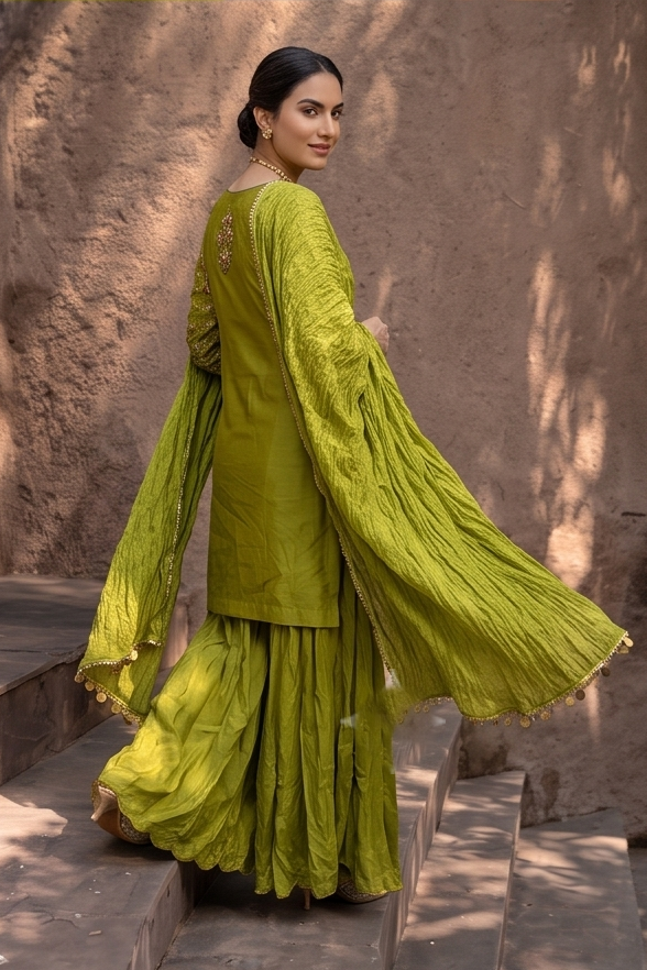 Herb Green Embellished Dola Silk Palazzo Set
