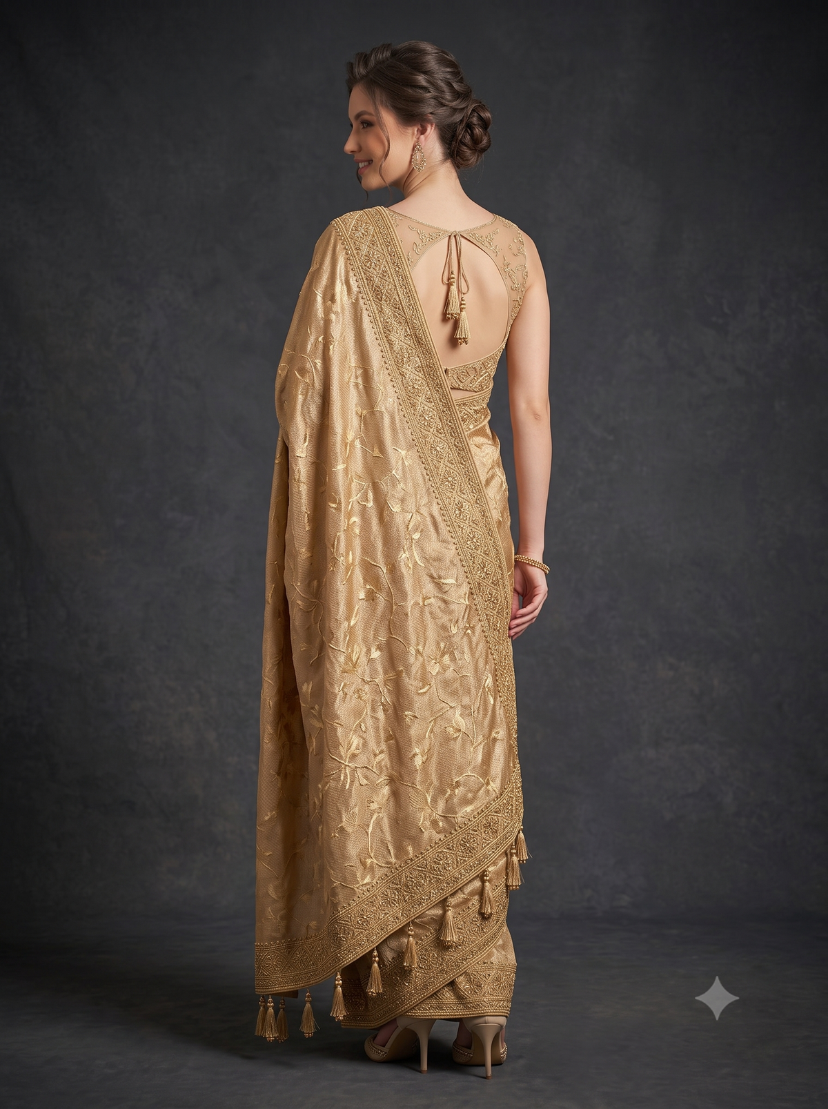 Imperial Golden Embellished Banarasi Crepe Silk Saree