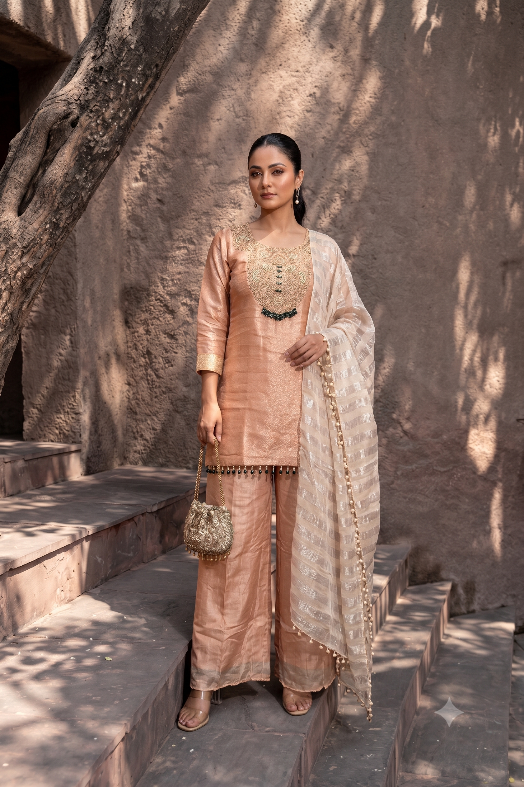 Soft Peach Embellished Brocade Silk Palazzo Set