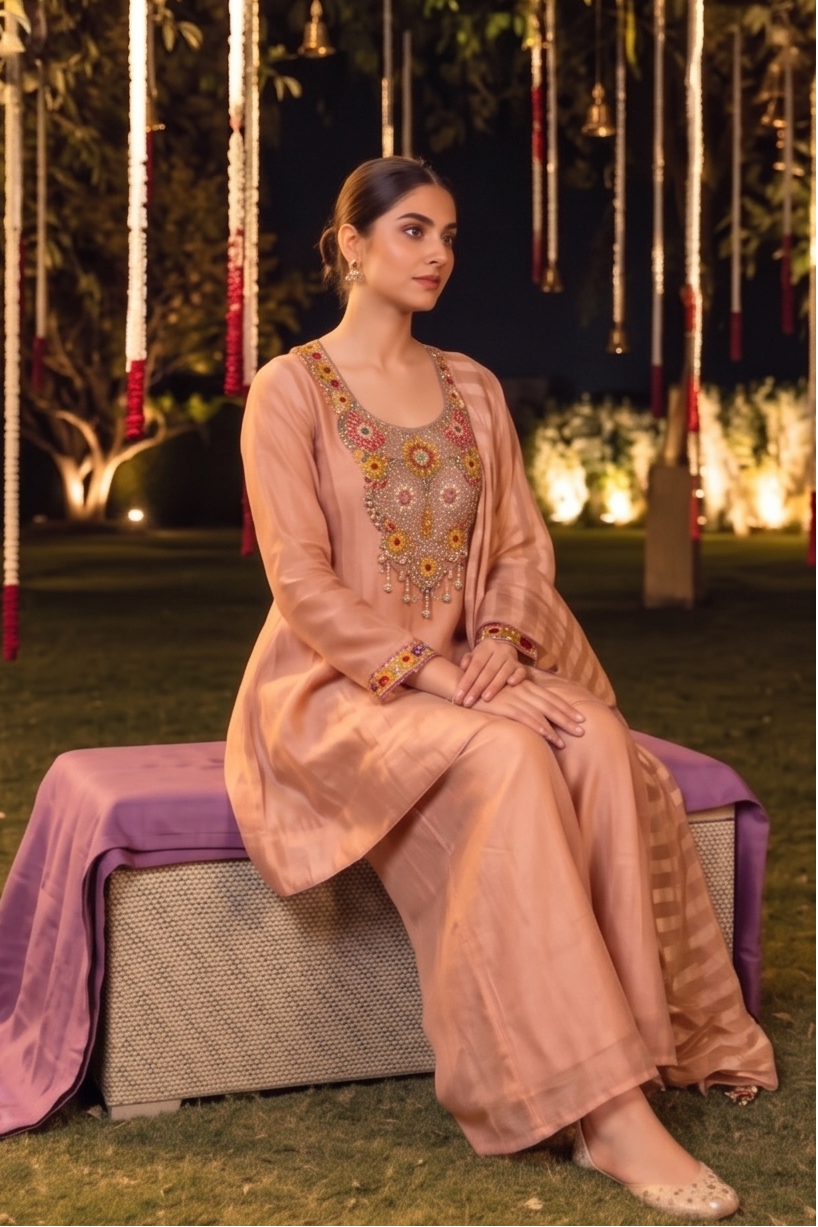 Peach Gold Embellished Shimmer Silk Palazzo Set