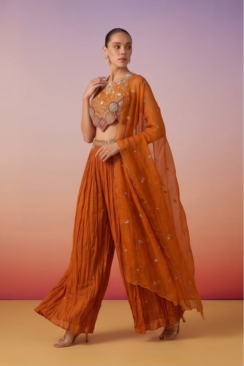 Rust Orange Embellished Chinon Silk Palazzo Set