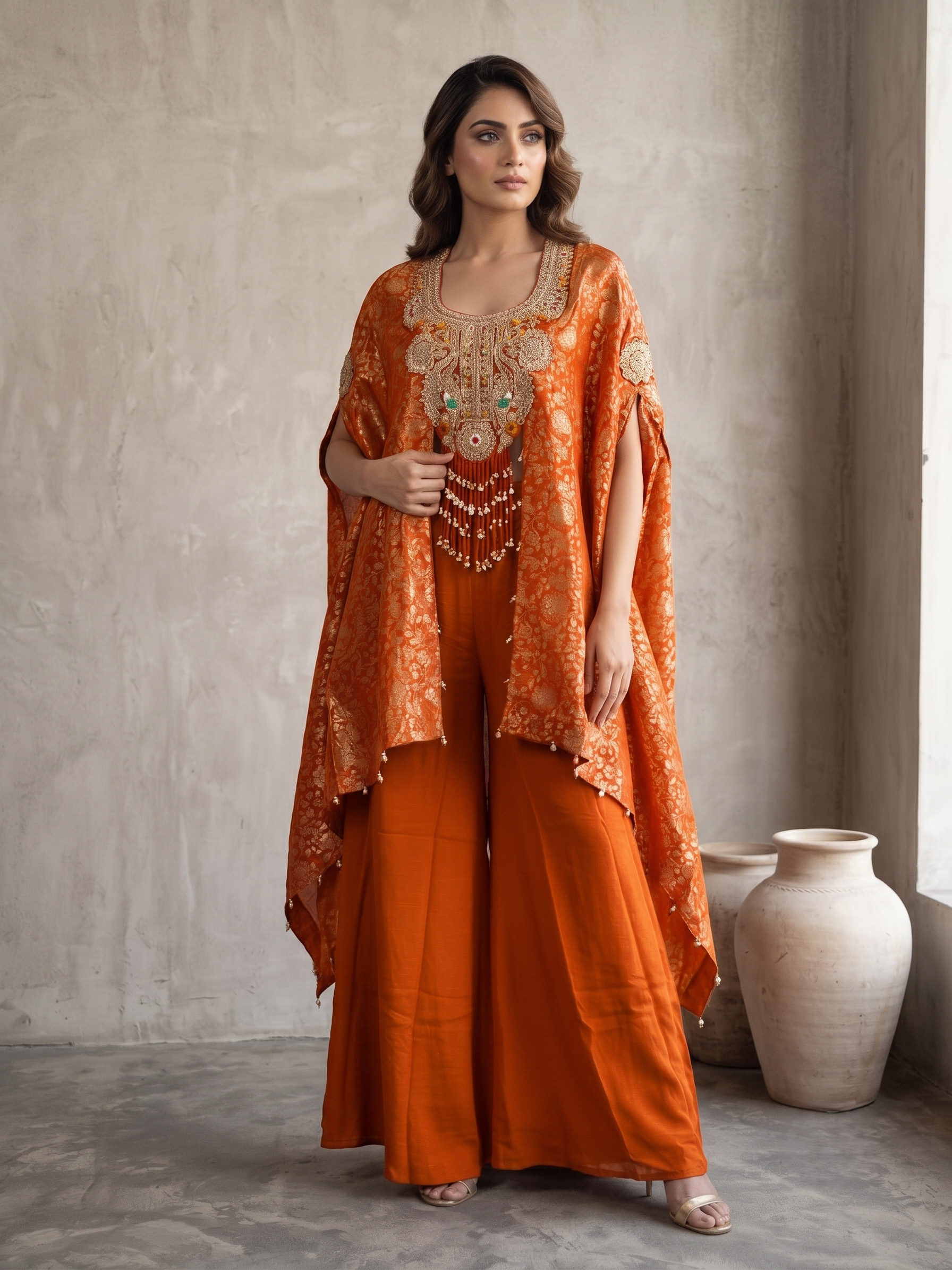 Burnt Coral Embellished Banarasi Brocade Silk Kaftan Set