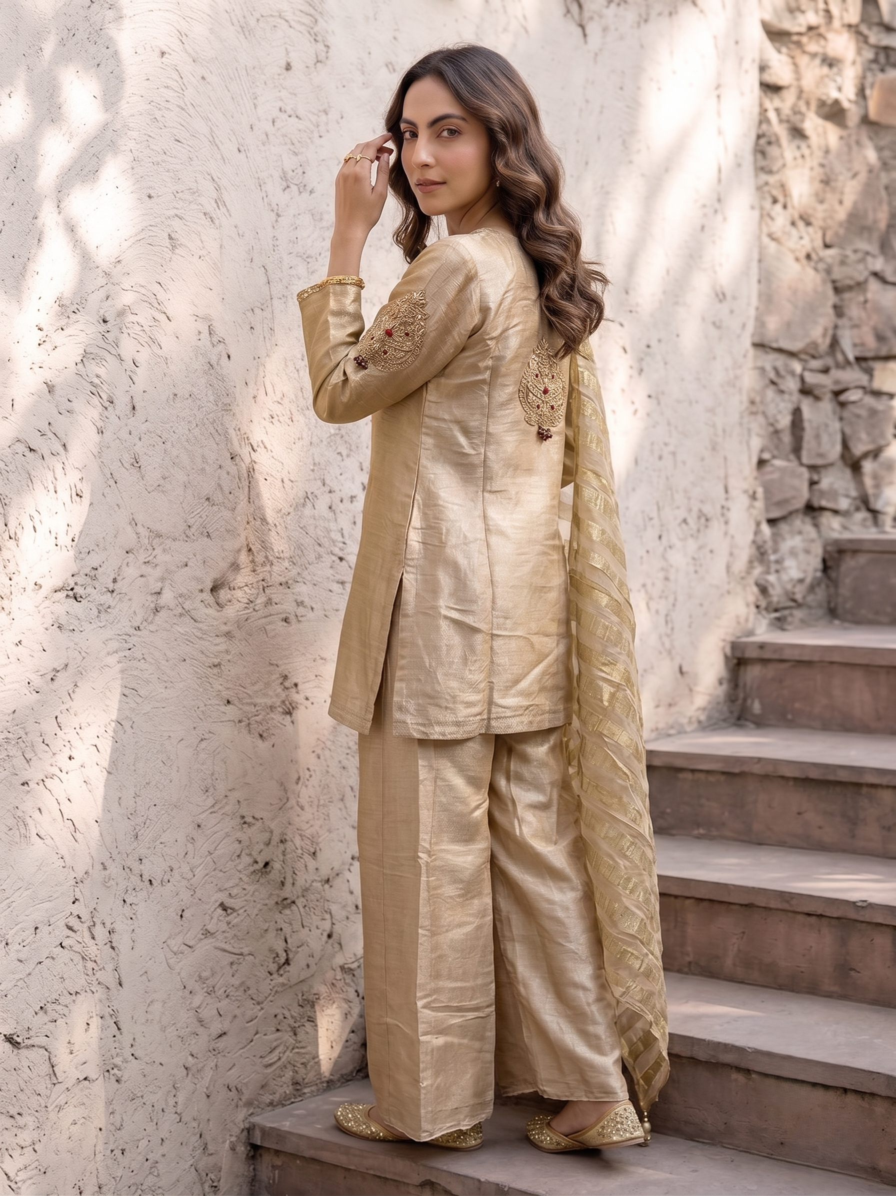 Peach Gold Embellished Shimmer Tissue Silk Palazzo Set