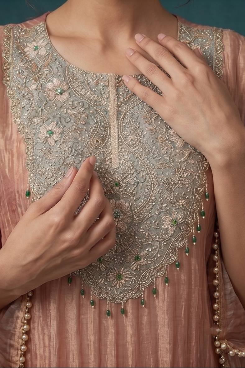 Dusty Pink Embellished Shimmer Organza Silk Co-Ord Set